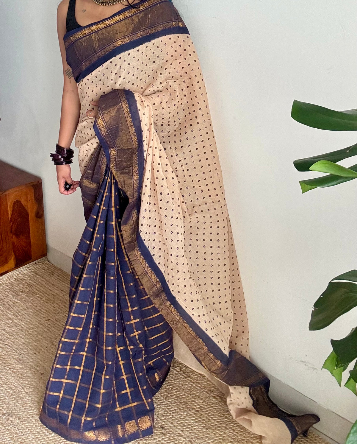 Cream with dark blue, sungudi cotton half-half saree - YCCOTNIDOC17