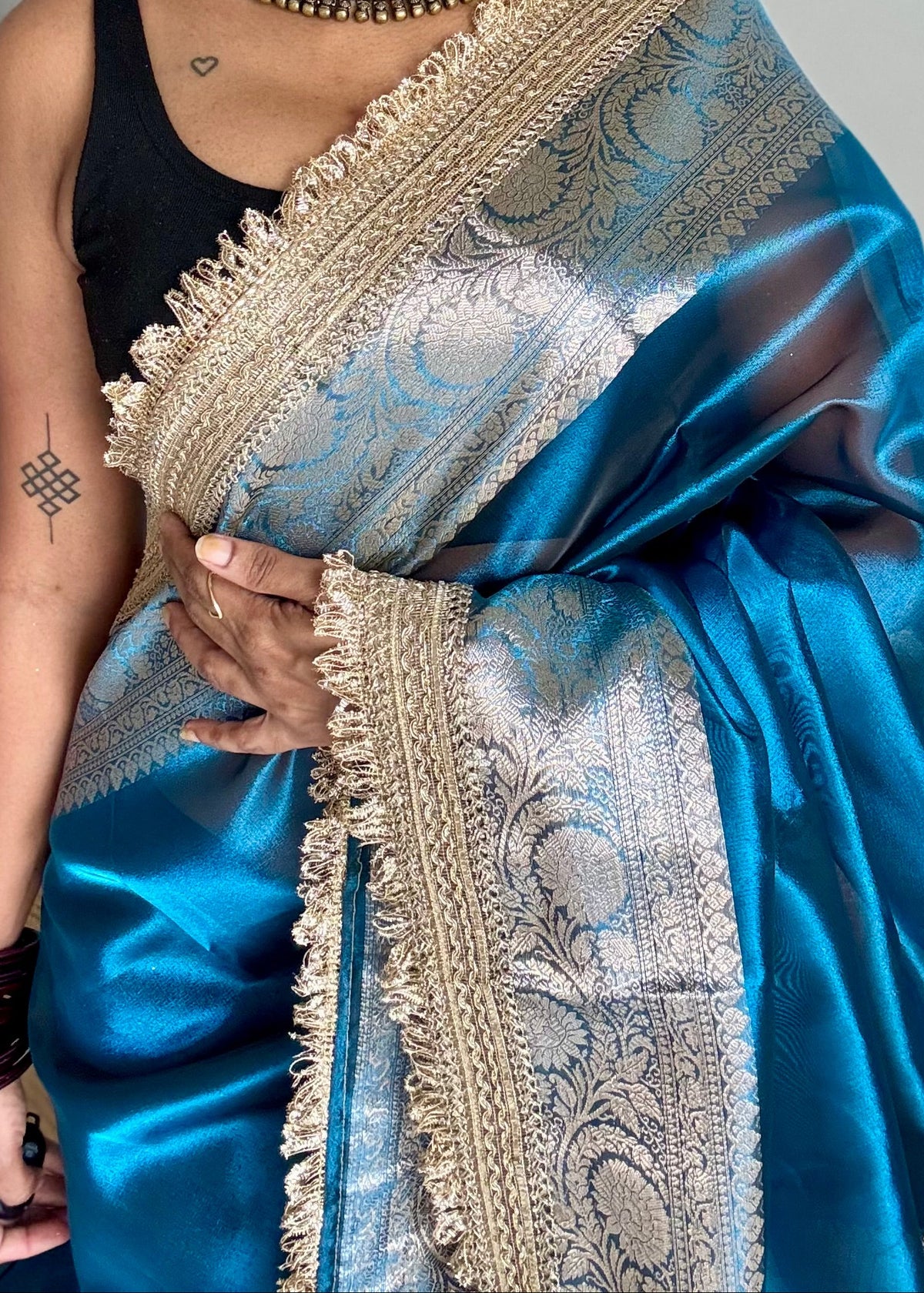 Peacock blue tissue Banarasi saree with embellished gold lace border - YCBLTOC77