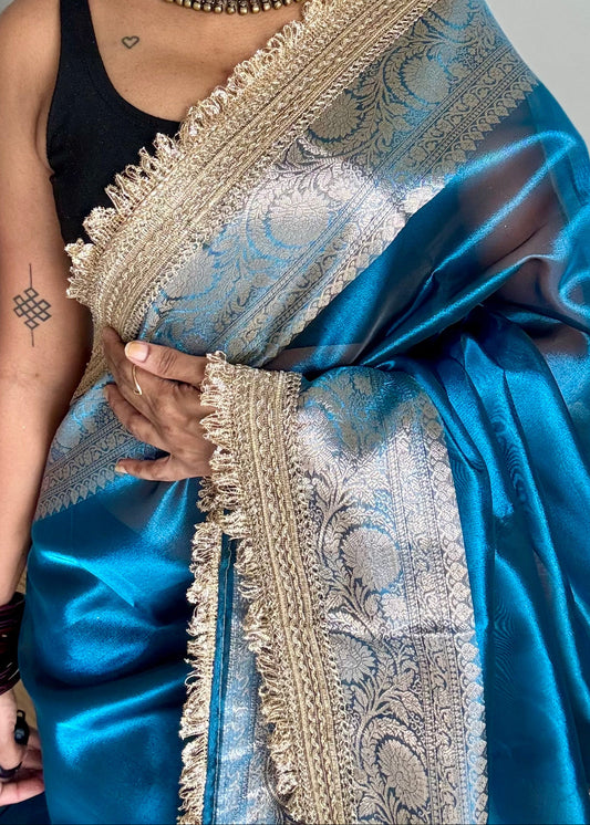 Peacock blue tissue Banarasi saree with embellished gold lace border - YCBLTOC77