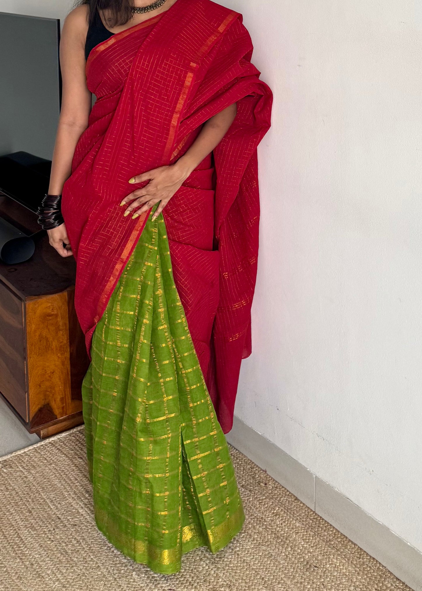 Chilli red with green, sungudi cotton half-half saree - YCCOTNMSFE348