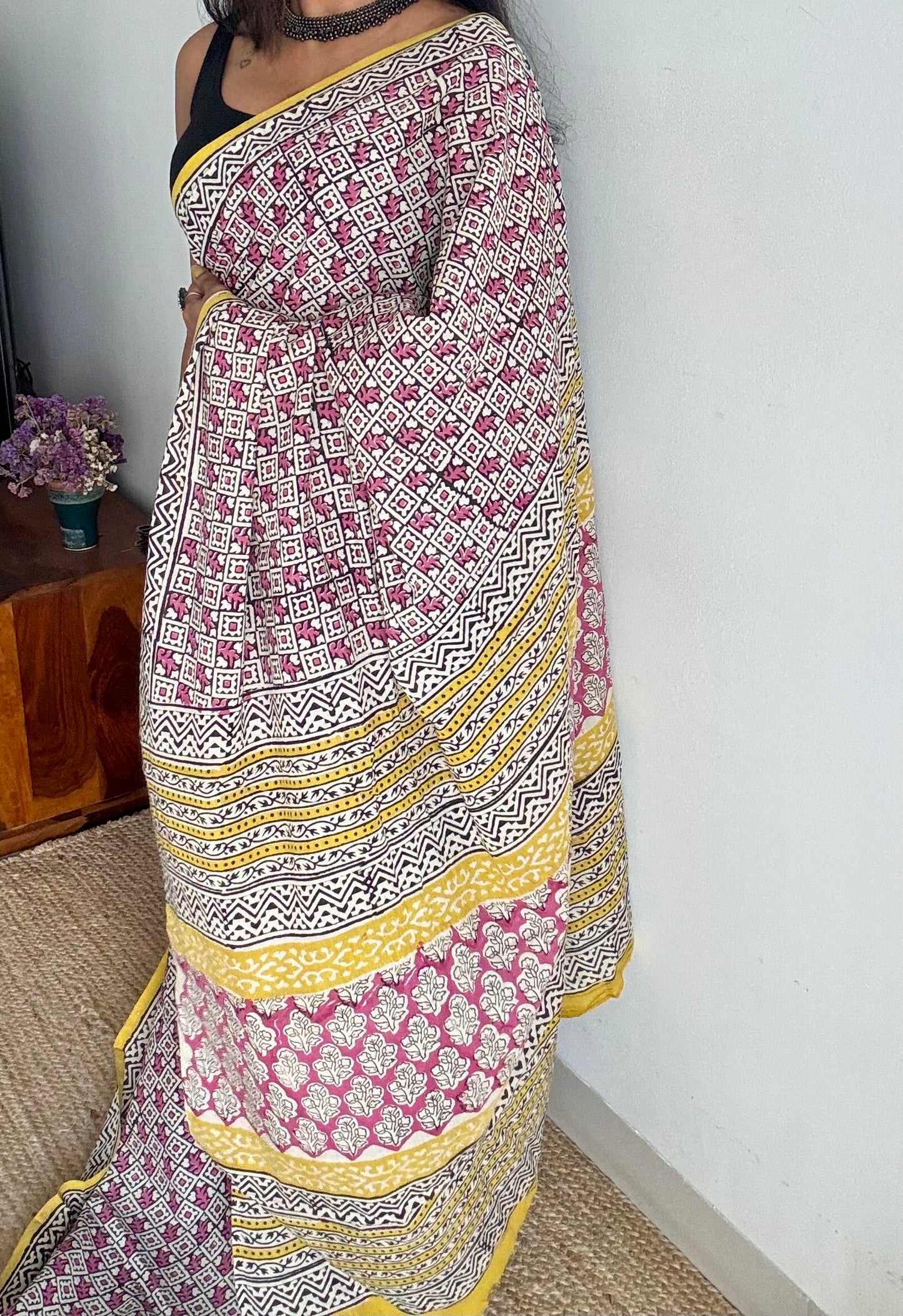 Beige with black and dusty pink checks, yellow border, block printed soft cotton saree - YCTORCMA13
