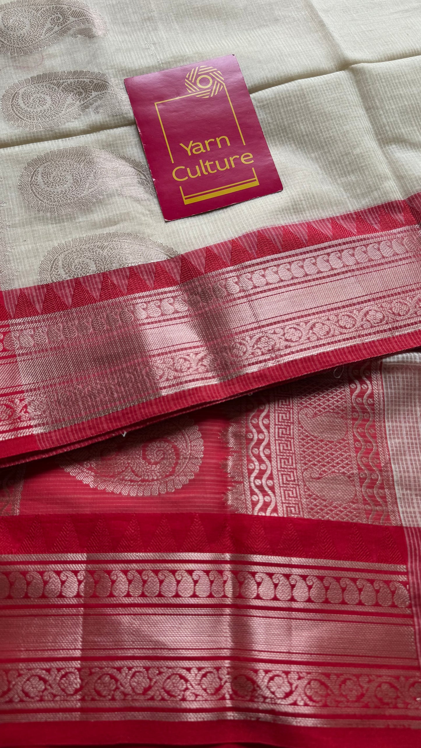 Cream with red contrast borders, kota doria with zari - YCBCDP15