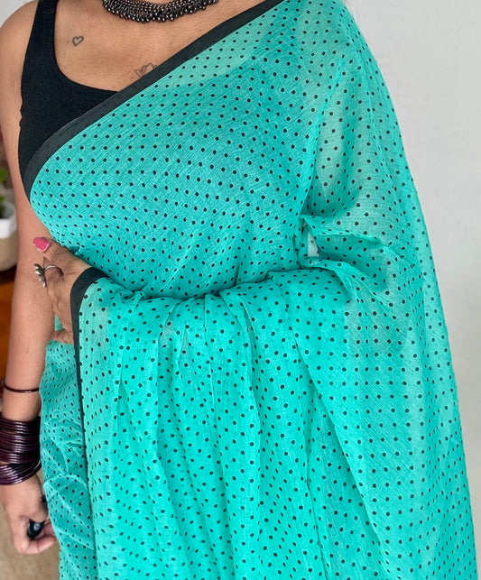 Turquoise blue with polka dots mul cotton saree  - YCBCMCAP52