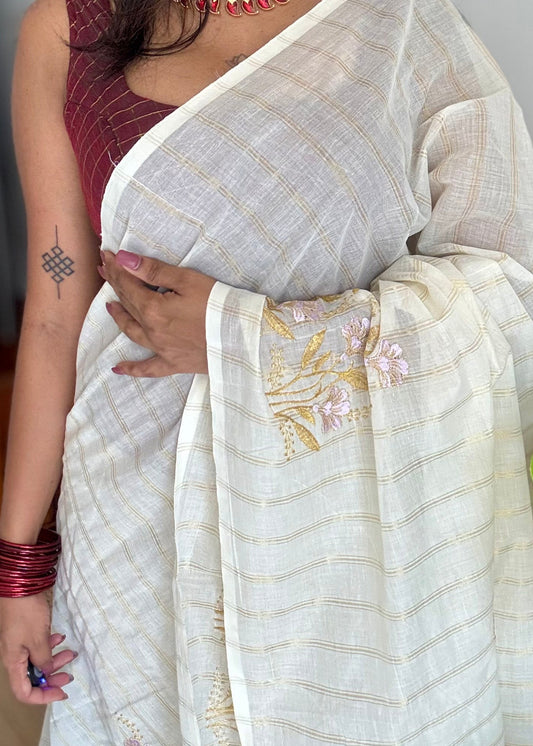 Ivory and gold soft cotton saree, lavender floral embroidery  - YCIEON53