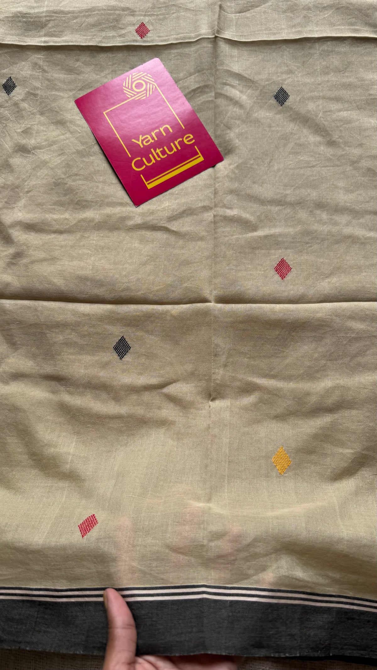 Handloom Bengal soft cotton saree, beige with woven buttas and black borders - YCBCMCSE39