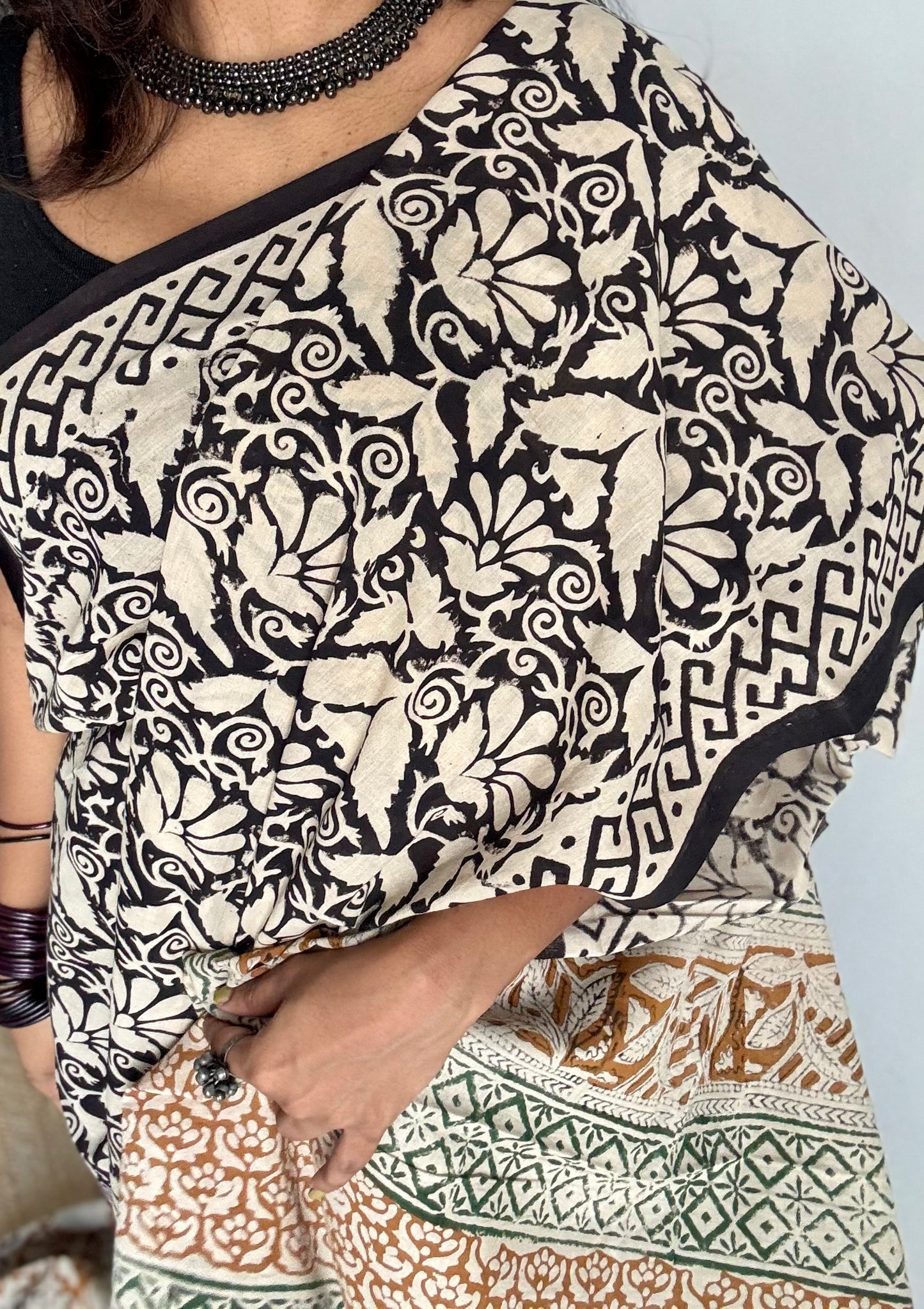 Raah - black and white to earthy brown, half half pattern, block print, soft cotton - YCWOTDNOBP93