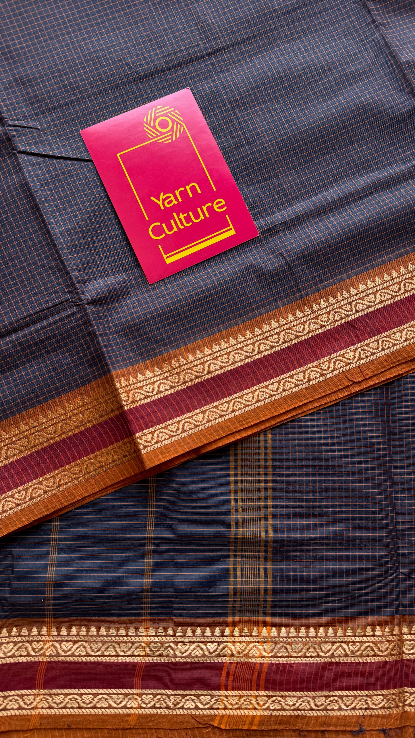 Dark grey Chettinad cotton saree with yellow mini checks - YCCOTNCCFE143