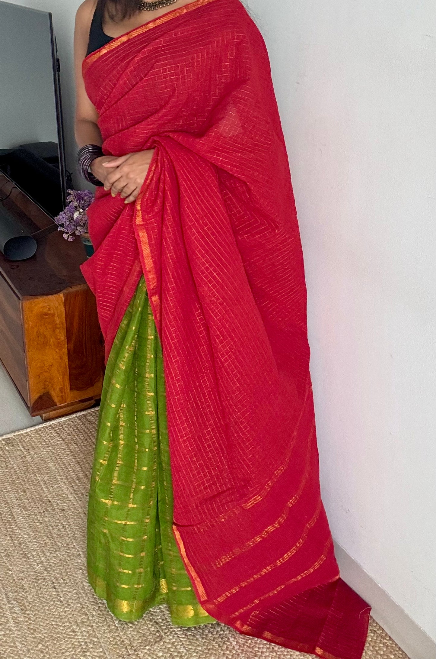 Chilli red with green, sungudi cotton half-half saree - YCCOTNMSFE348