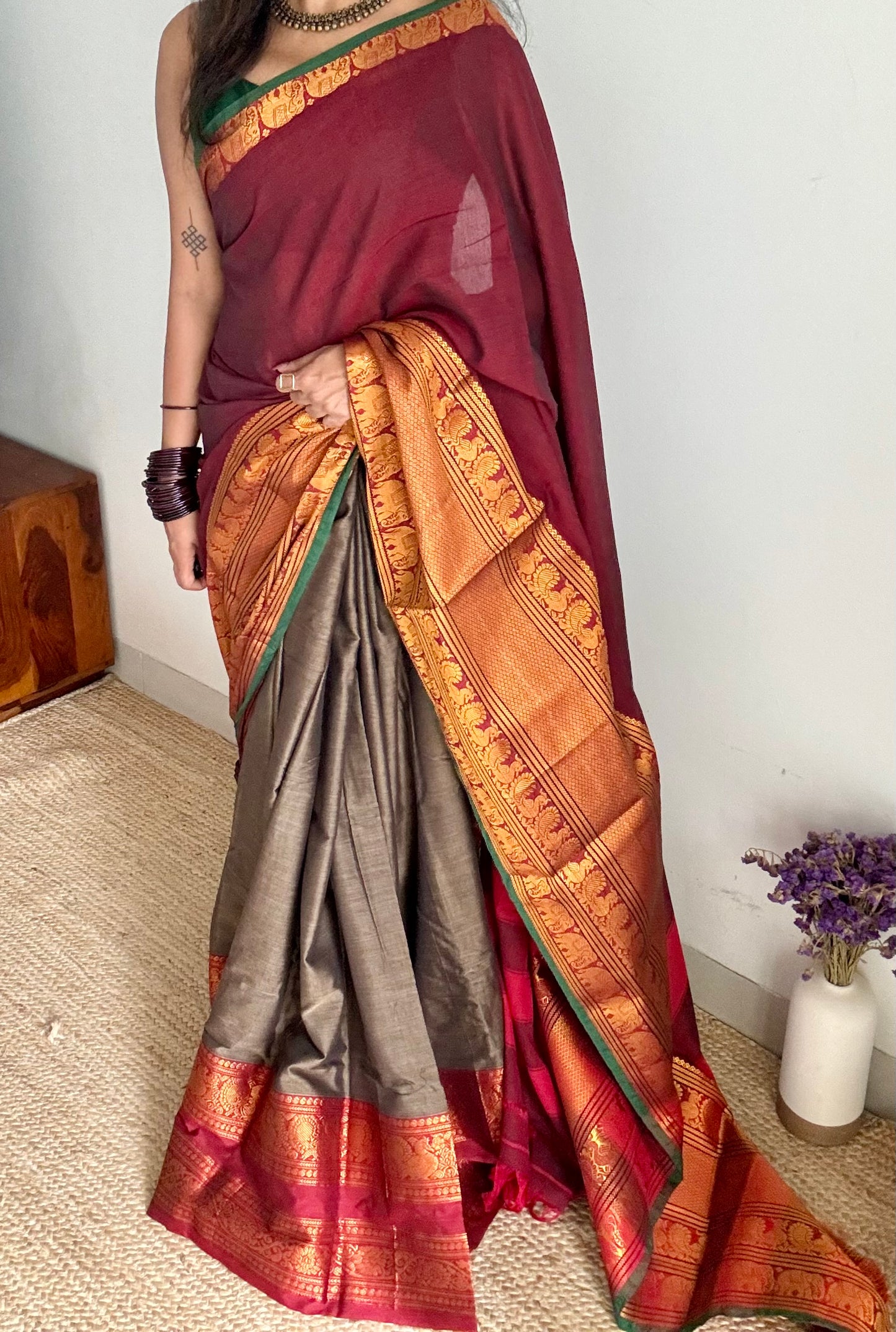 Grey - Maroon unstitched half saree material (dhavani), narayanpet cotton - YCIEHS217