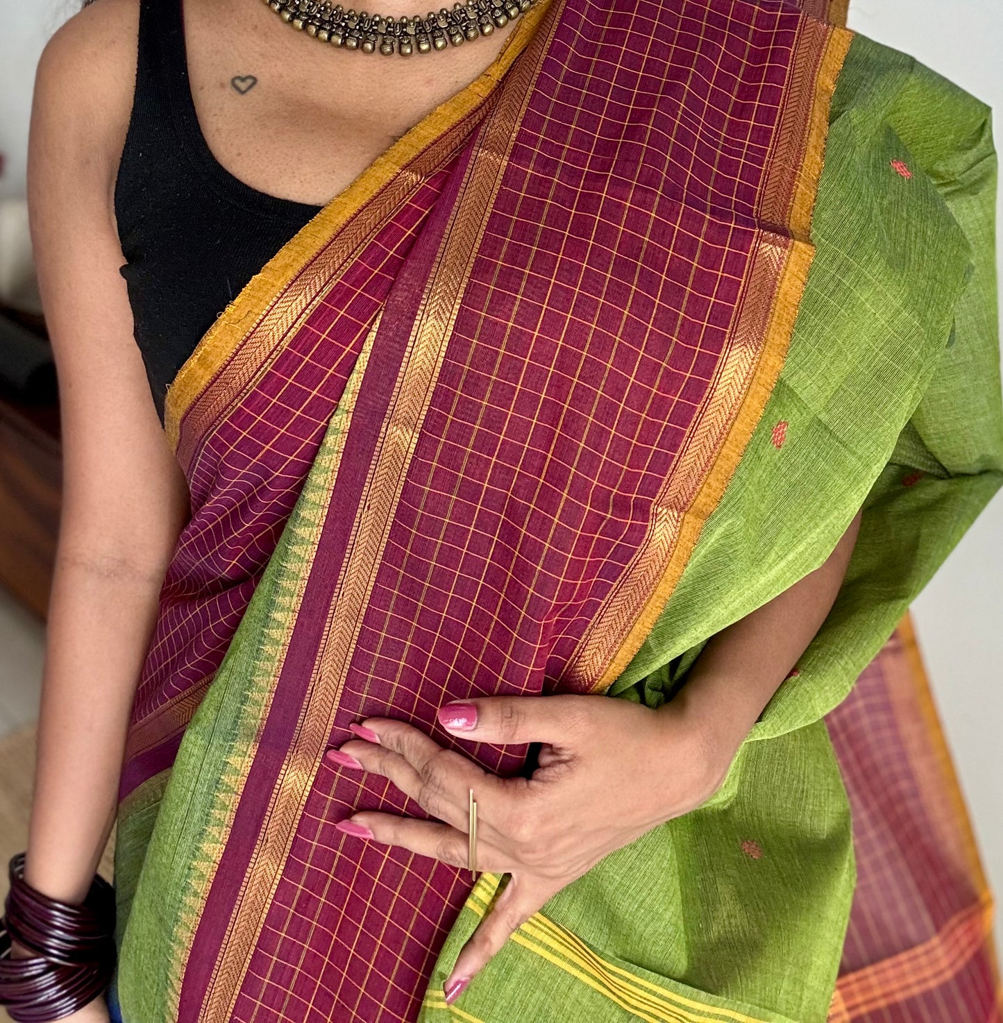 Green and maroon contrast, Chettinad cotton saree with checkered border  - YCCOTNMA271