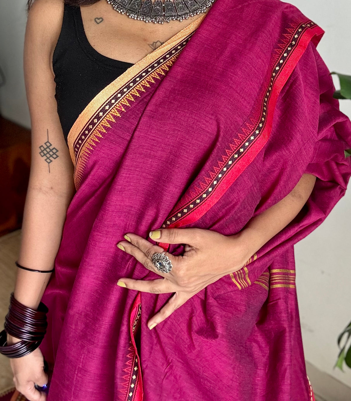 Handloom Bengal soft cotton saree, ruby with cream and red woven dual tone borders - YCBCMCSE43