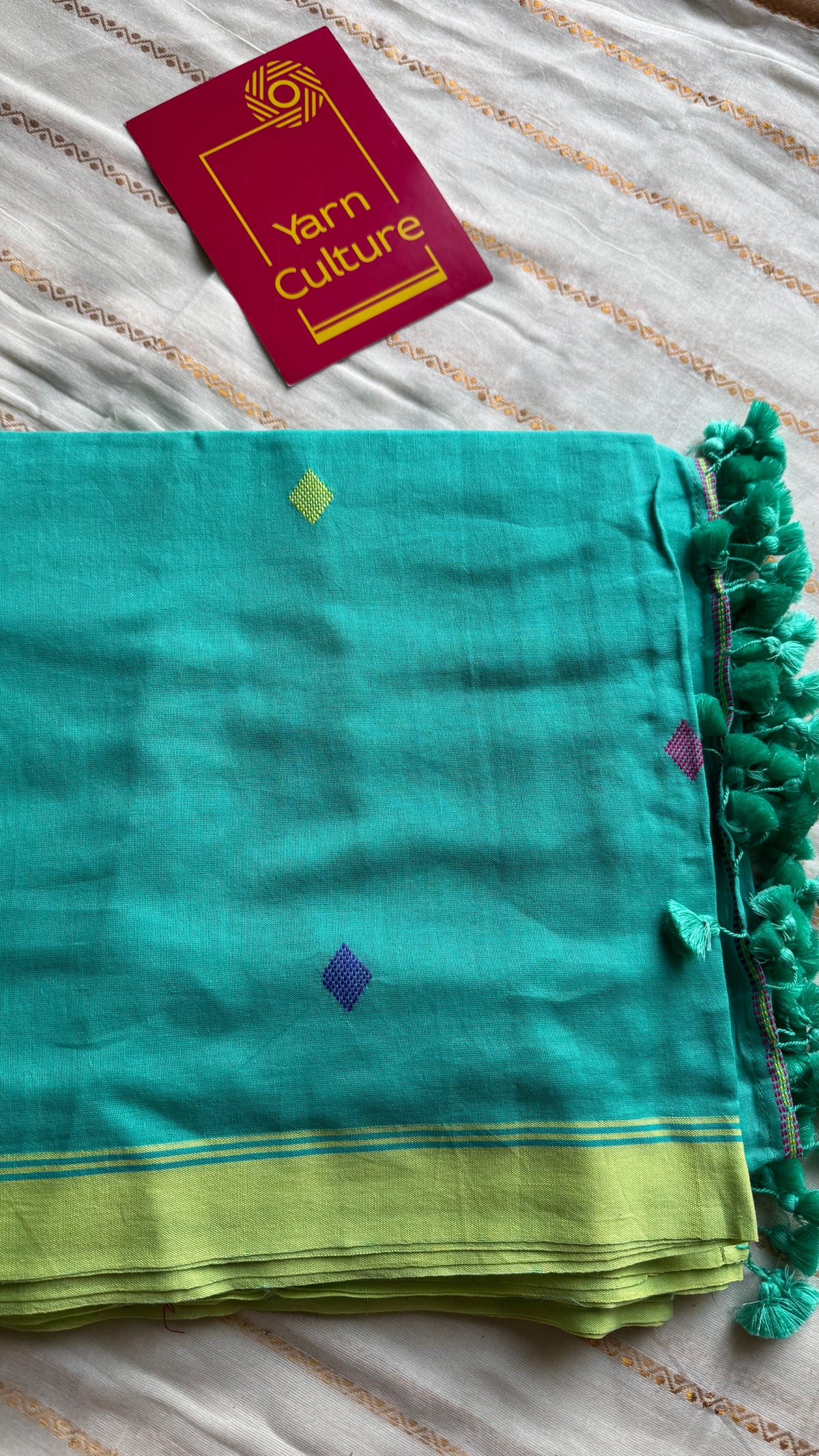 Handloom Bengal soft cotton saree, turquoise with woven buttas and lime green borders - YCBCMCSE38