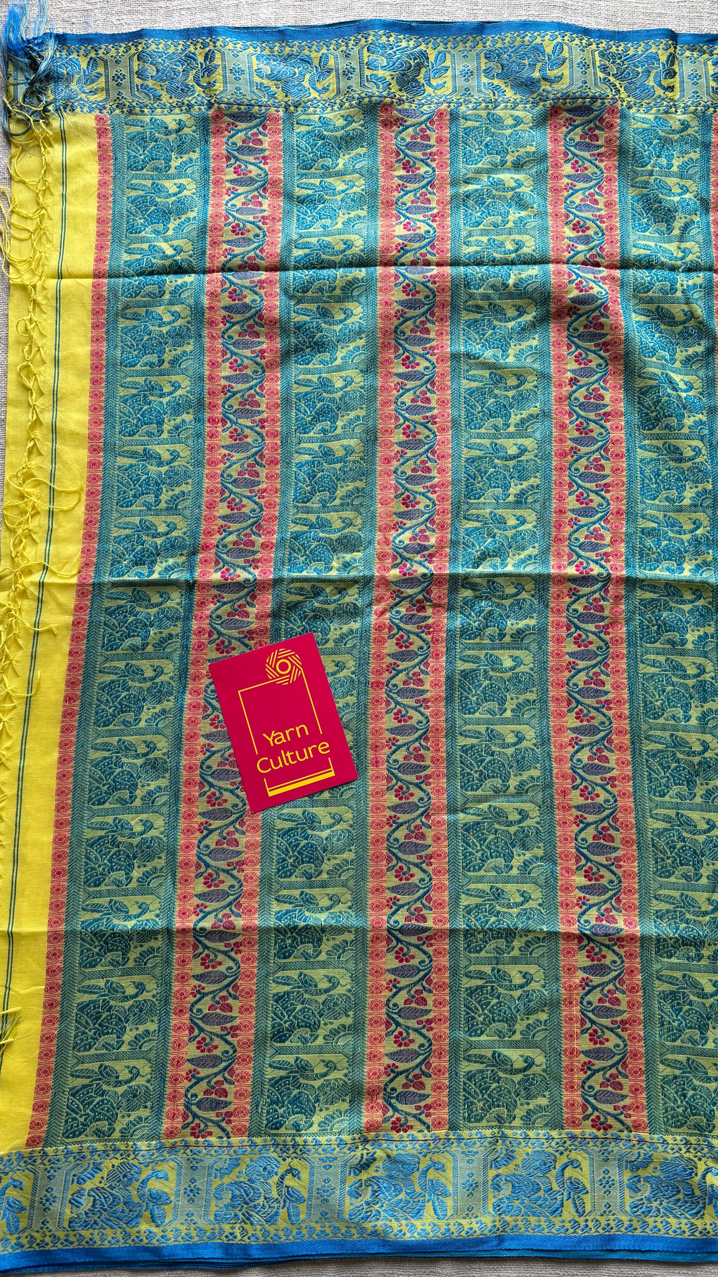 Yellow with blue, Baluchari-inspired soft cotton handwoven saree - YCHOTEBCJA226