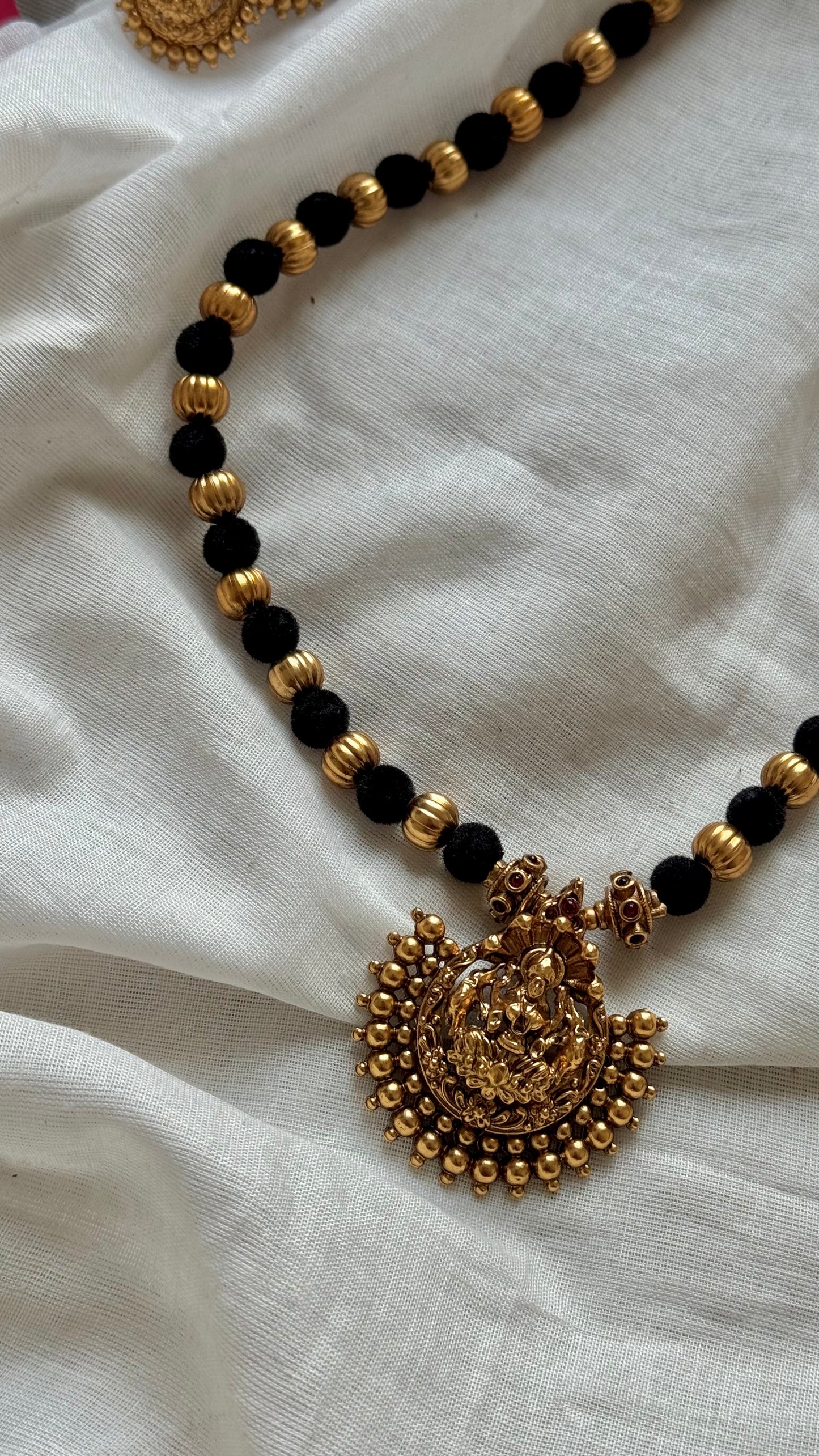 Black with gold beads, temple pendant in antique gold finish neckpiece - YCGPNP645