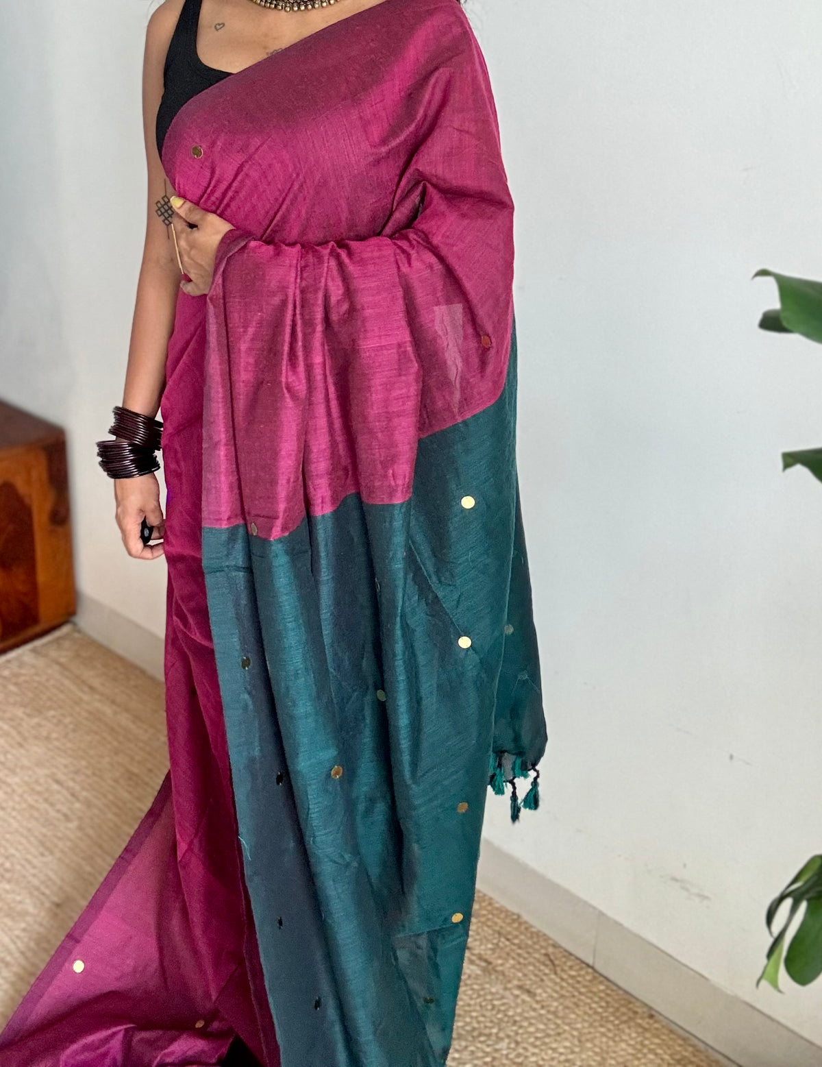 Ruby with peacock green contrast pallu, gini sequins, soft cotton saree - YCBCSCOC10