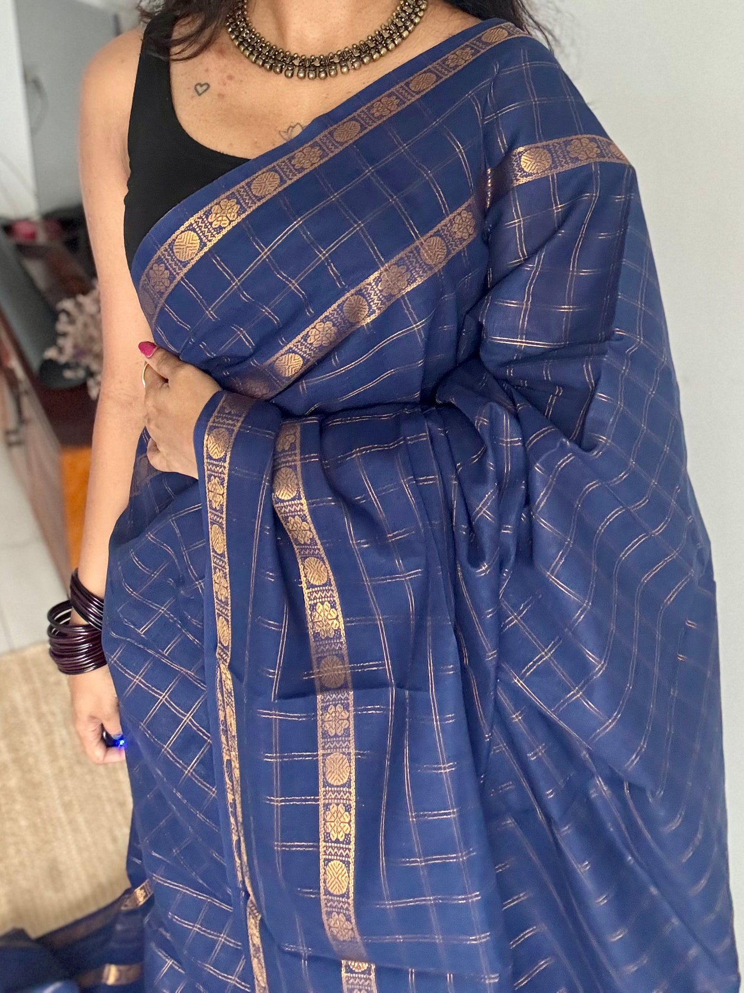 Navy blue adayar gold zari kattam, sungudi cotton - YCCOTNOCSC47