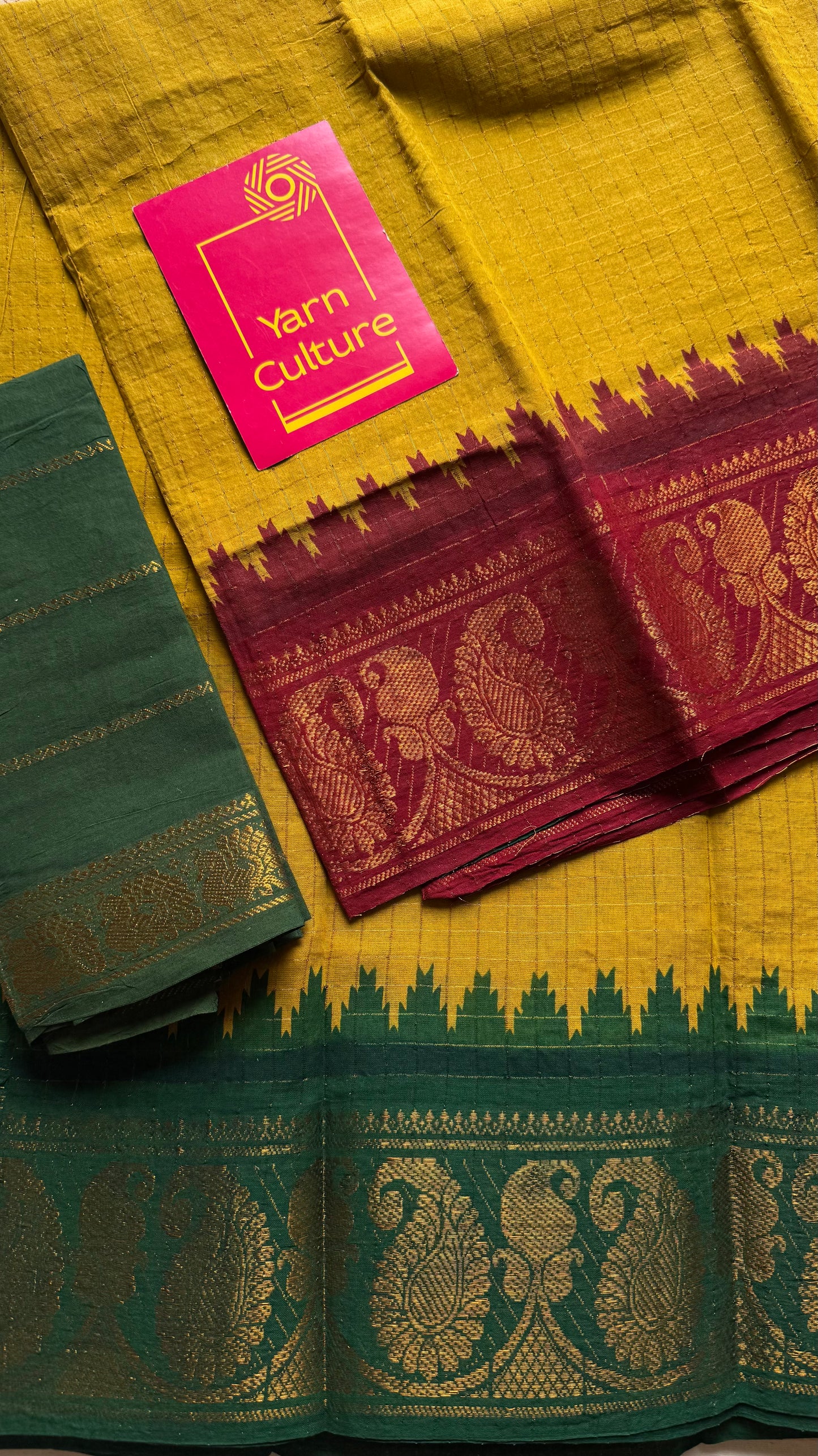 Sungudi cotton checks, mustard yellow base, maroon and dark green dual tone border, soft cotton - YCCOTNMSJUL11