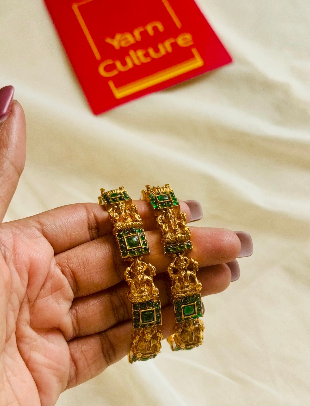 Green stone Lakshmi bangles set of 2, sizes 2.4, 2.6 - YCGPBA820