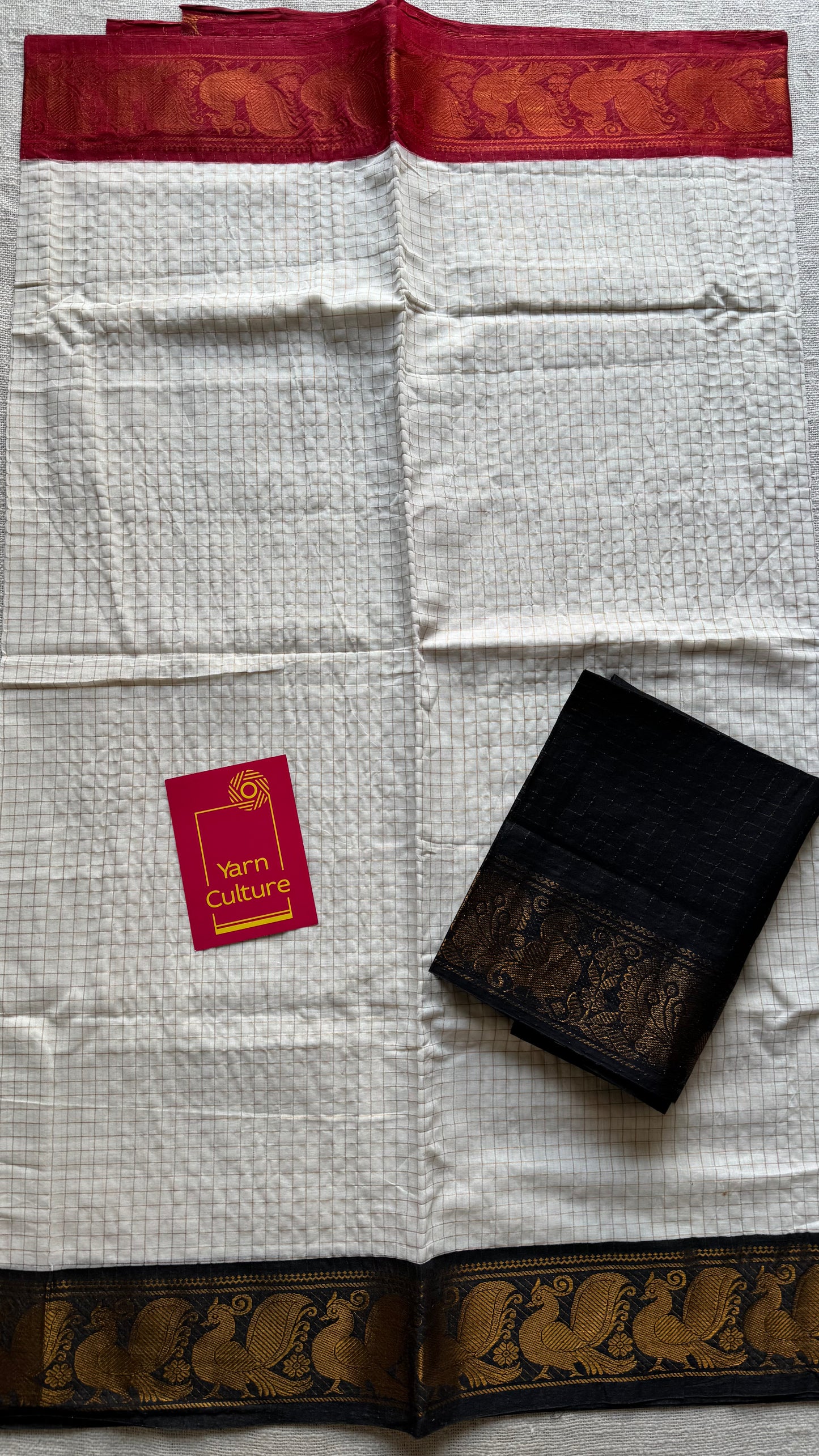 Sungudi cotton checks, ivory gold base, red and black dual tone border, soft cotton - YCCOTNGJJA159