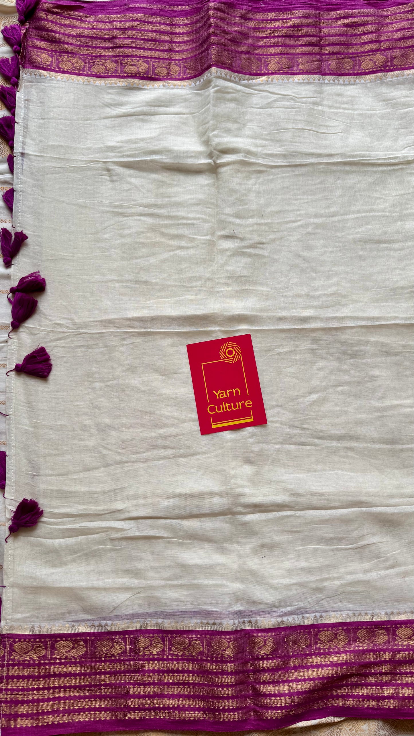 Ivory mul saree, purple pink kanchi border - YCIEON17