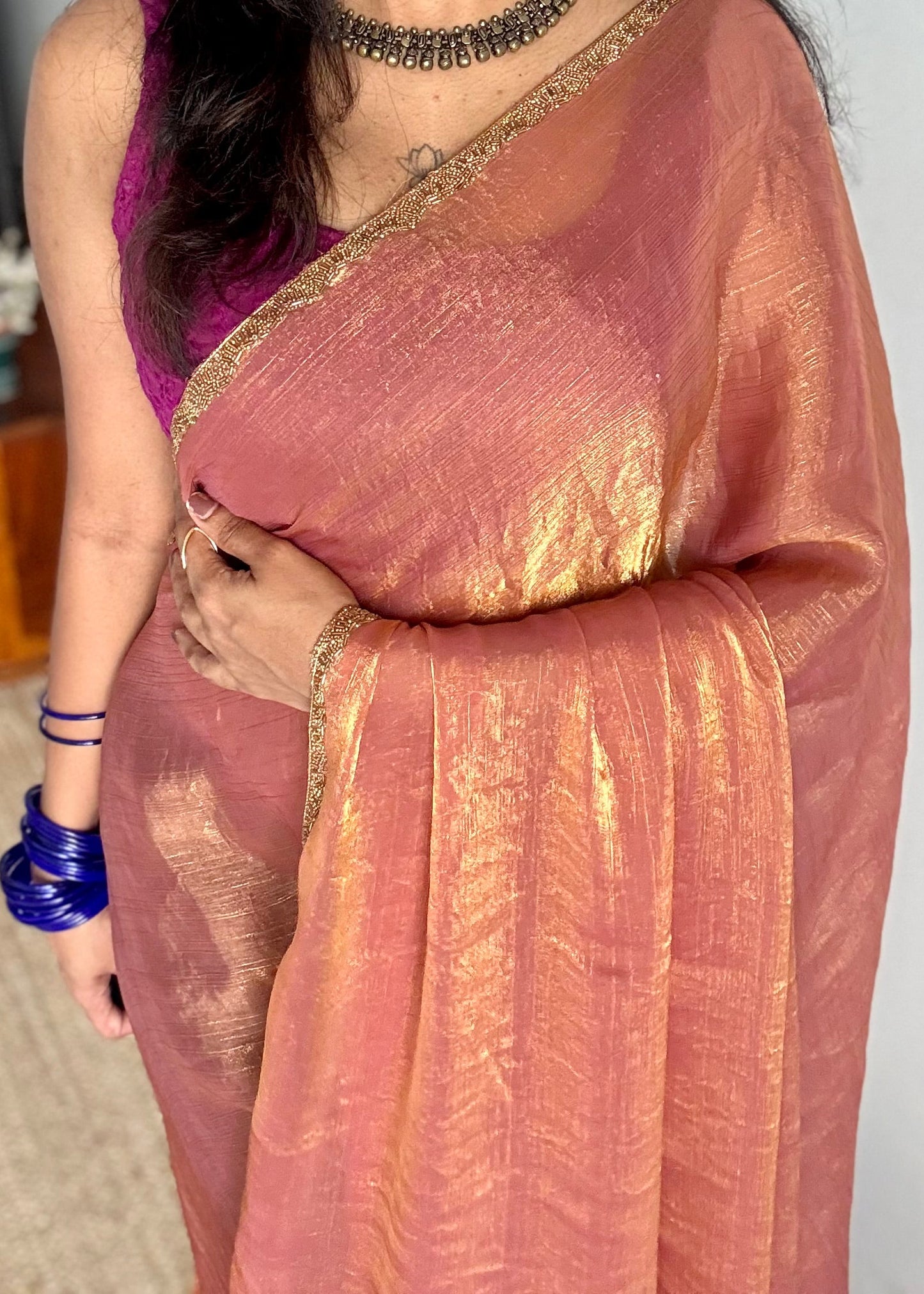 Sunset Burst - pink orange hues, metallic dual tone space silk, embellished border - YCDOSDE58