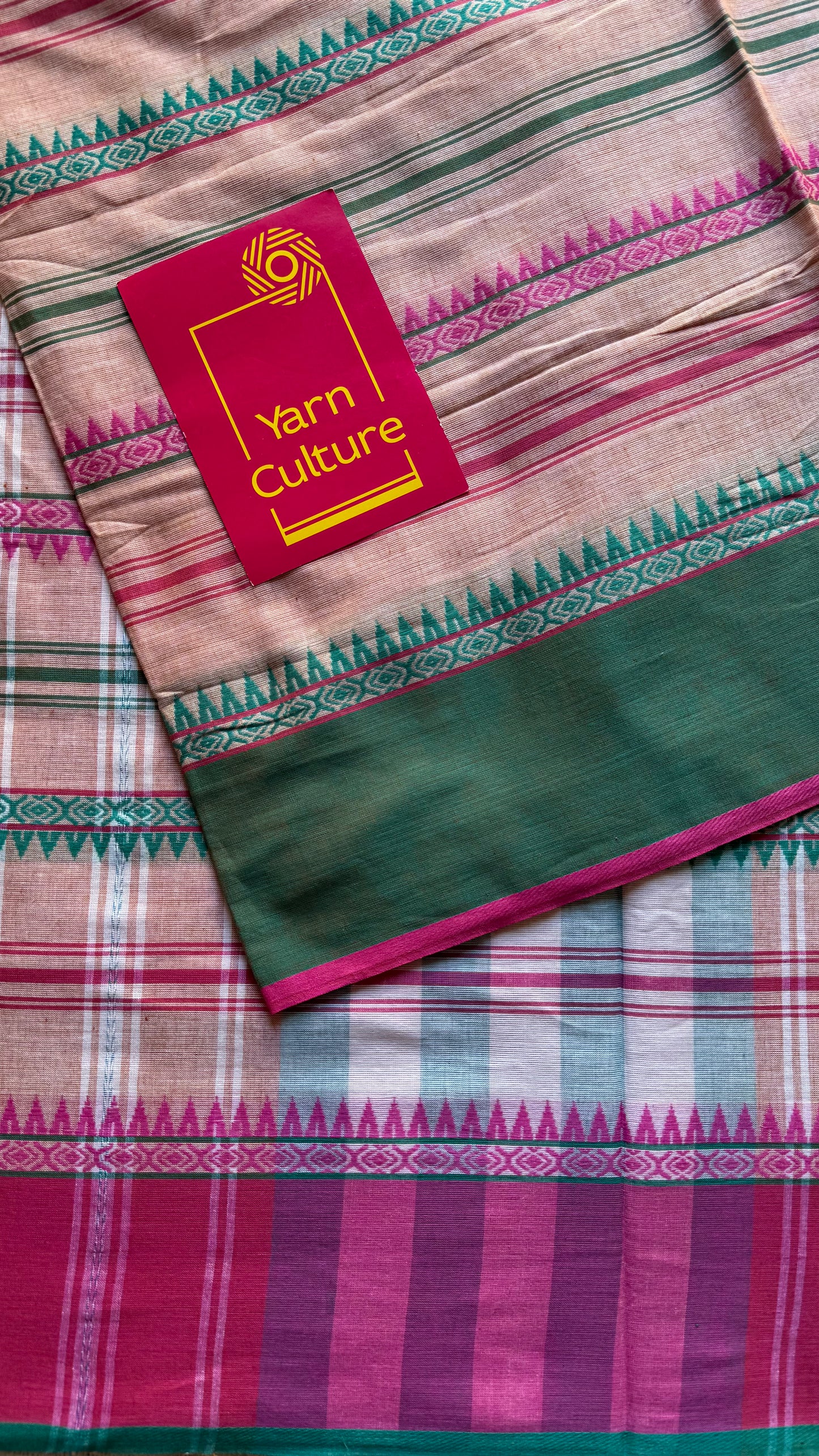 Dhonekhali handloom soft cotton saree, salmon pink with bright pink and dark turquoise woven stripes - YCBCDFE266