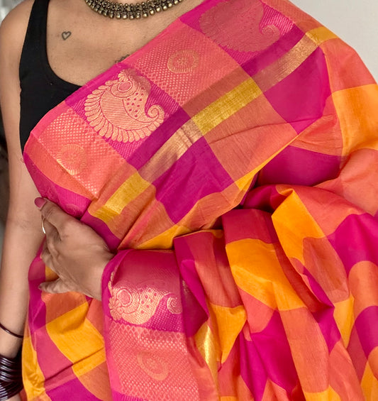 Chettinad cotton saree with yellow and pink checks, paisley motif border - YCCOTNAP66