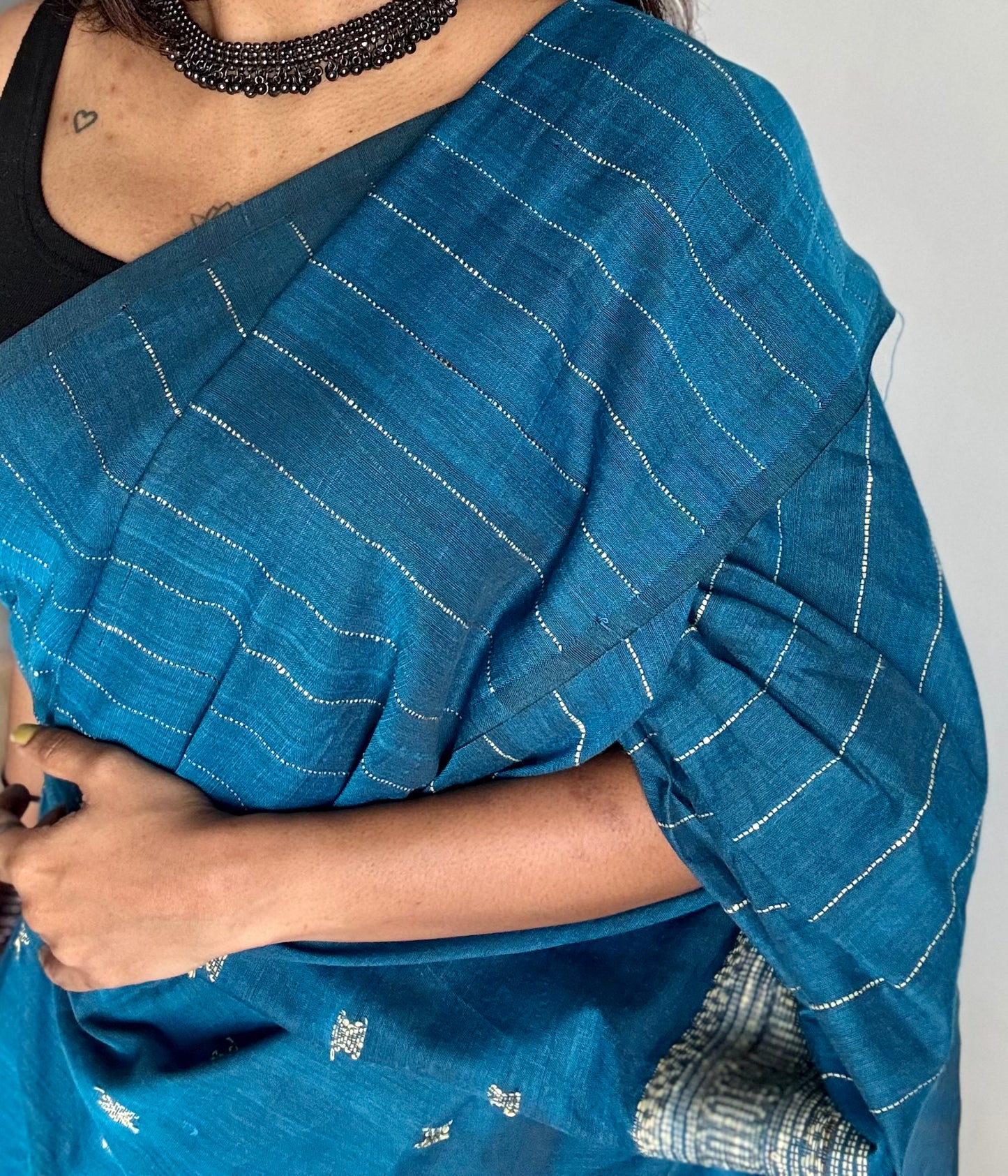 Peacock blue, bhujodi patterned soft khadi cotton saree - YCBCKCDE21