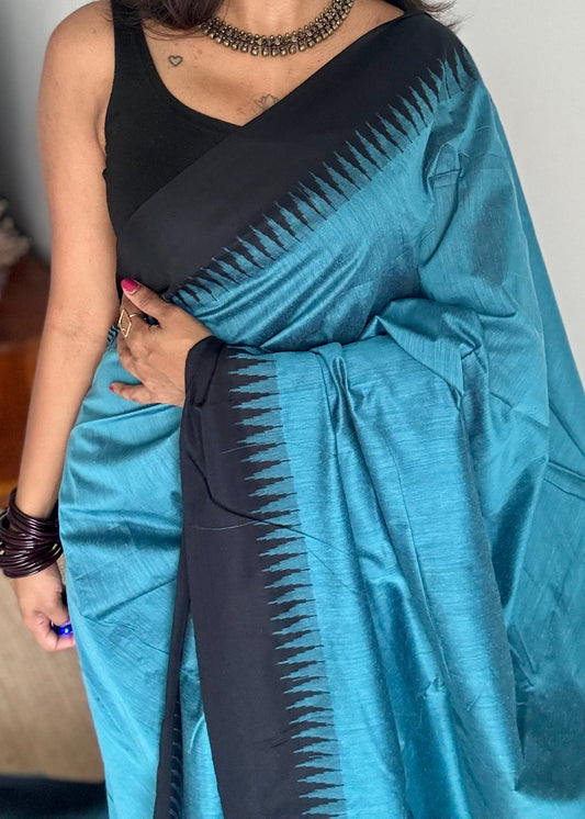 Blue with black temple border - cotton silk - YCCOTNOCKCS2