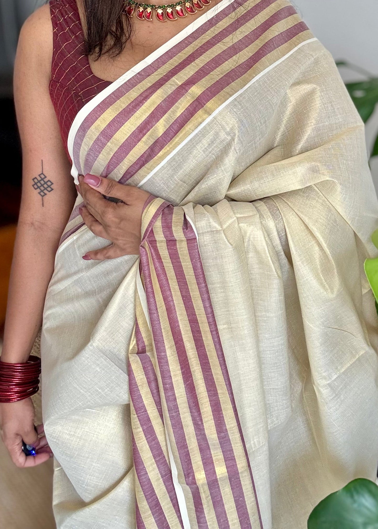 Ivory and gold soft tissue cotton saree, maroon border - YCIEON67