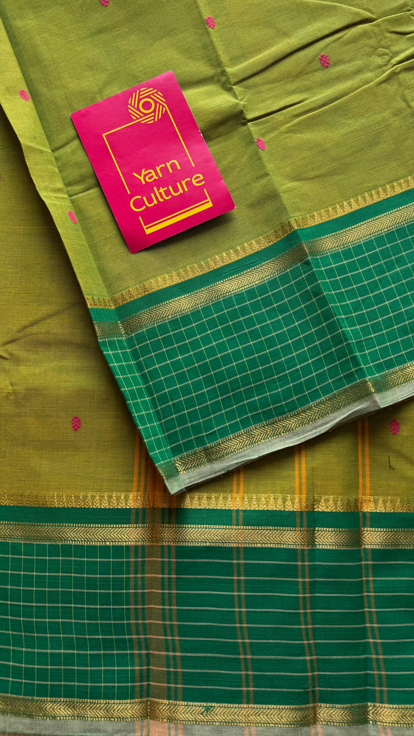 Light green and dark green contrast, Chettinad cotton saree with checkered border - YCCOTNMA274