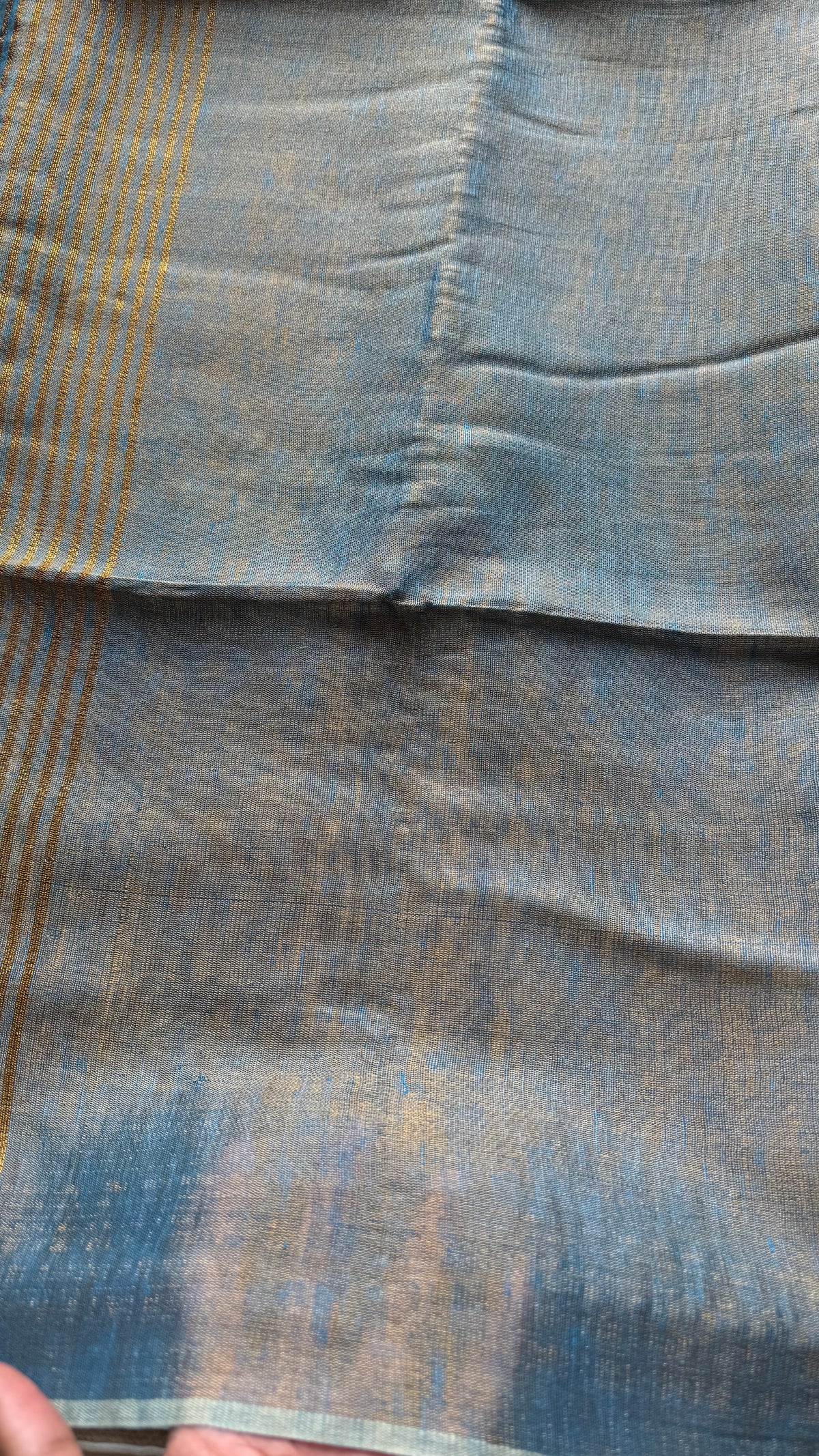 Teal blue with gold, dual tone metallic tissue linen saree - YCBCLTOC59