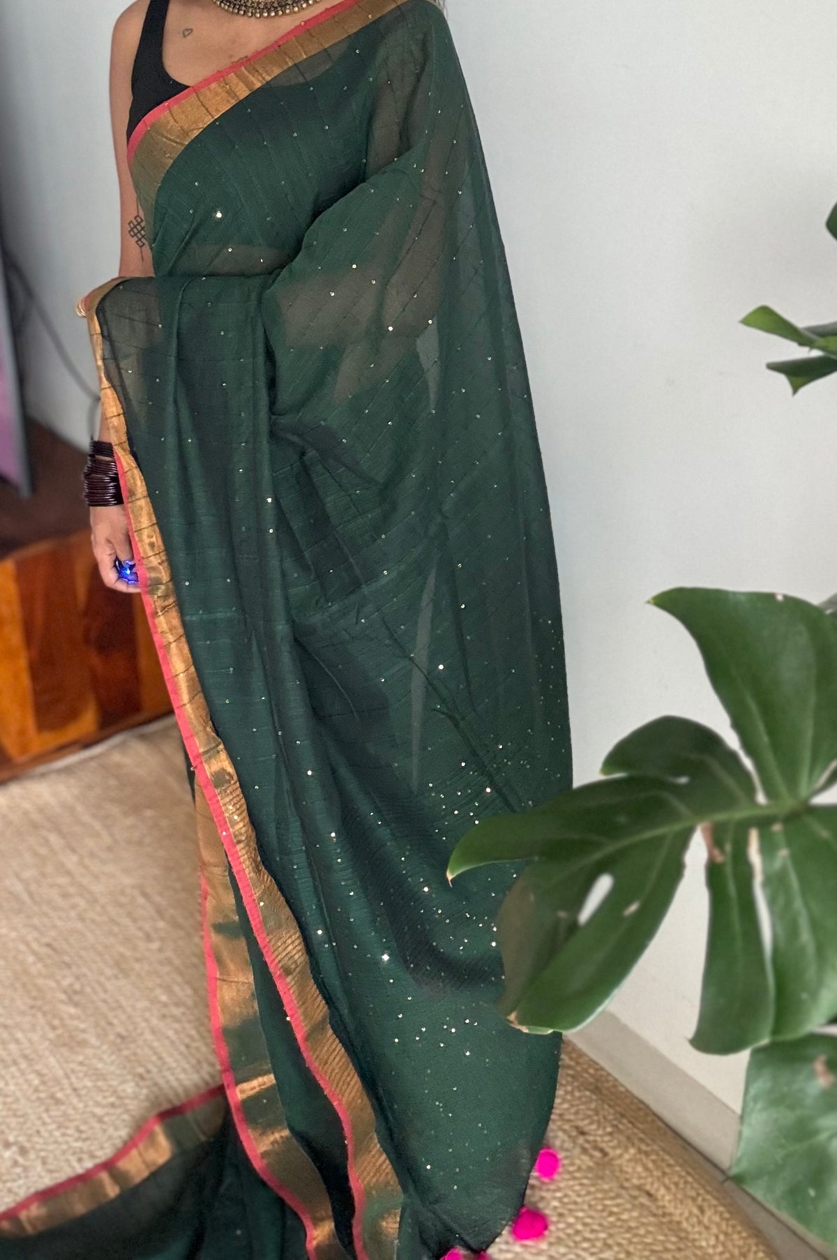 Dark green mul cotton saree with sequins and zari border - YCBCMCSE32