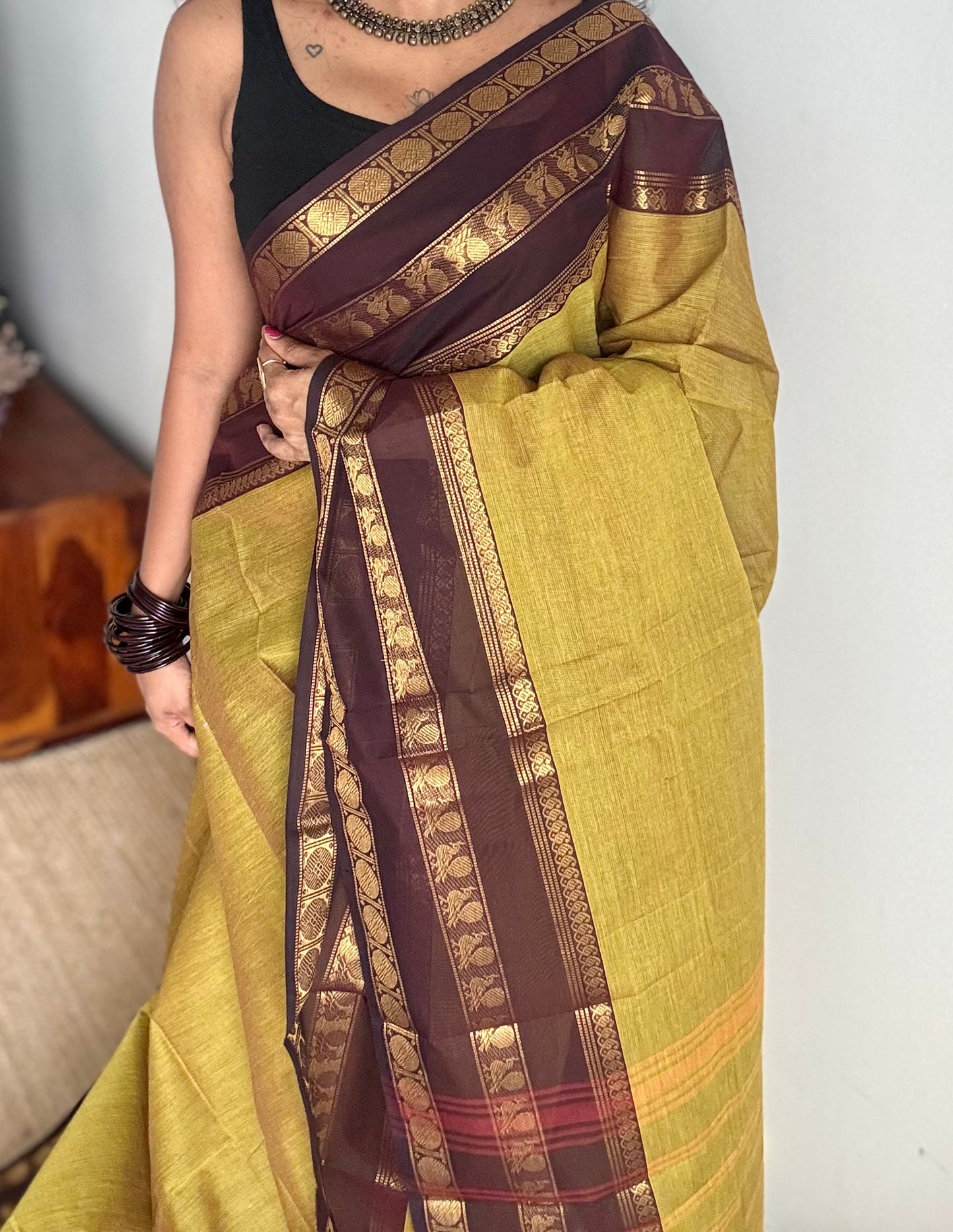 Lemon ginger green with brown contrast border, kanchi cotton - YCCOTNOCCC04