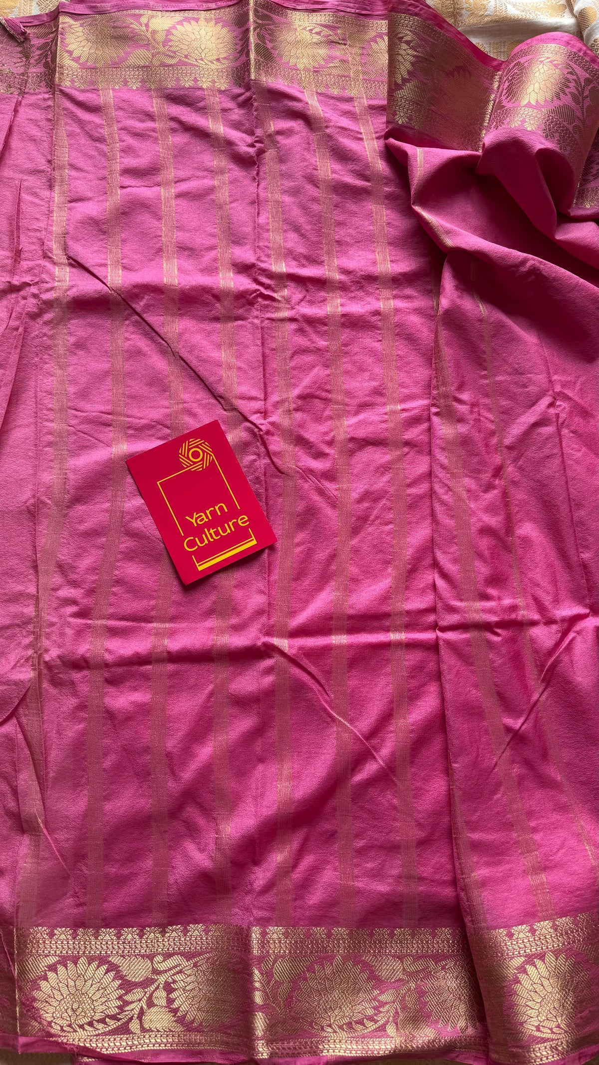 Pink, semi crepe silk saree with antique gold floral border - YCLOKOC55