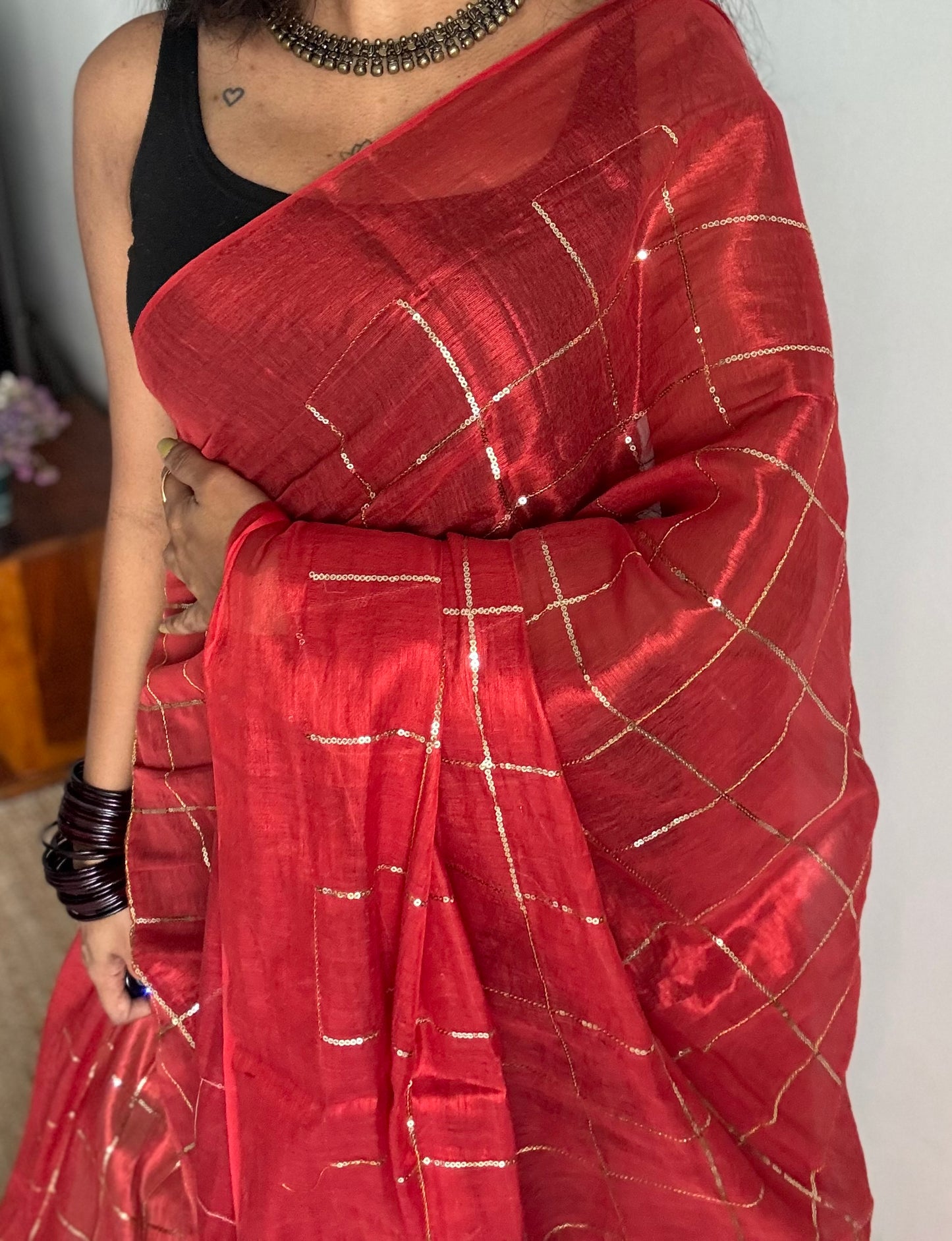 Red, checkered sequins work, mul tissue - YCBCMCJA07