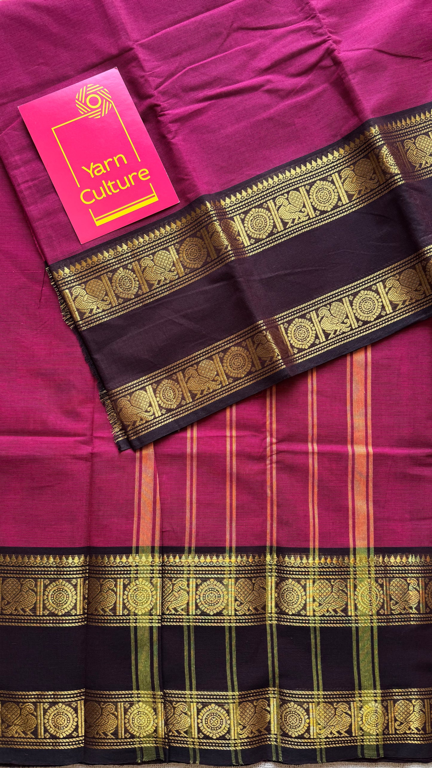Dark pink with dark brown Chettinad cotton saree with rettaipettu peacock border - YCCOTNCCFE157