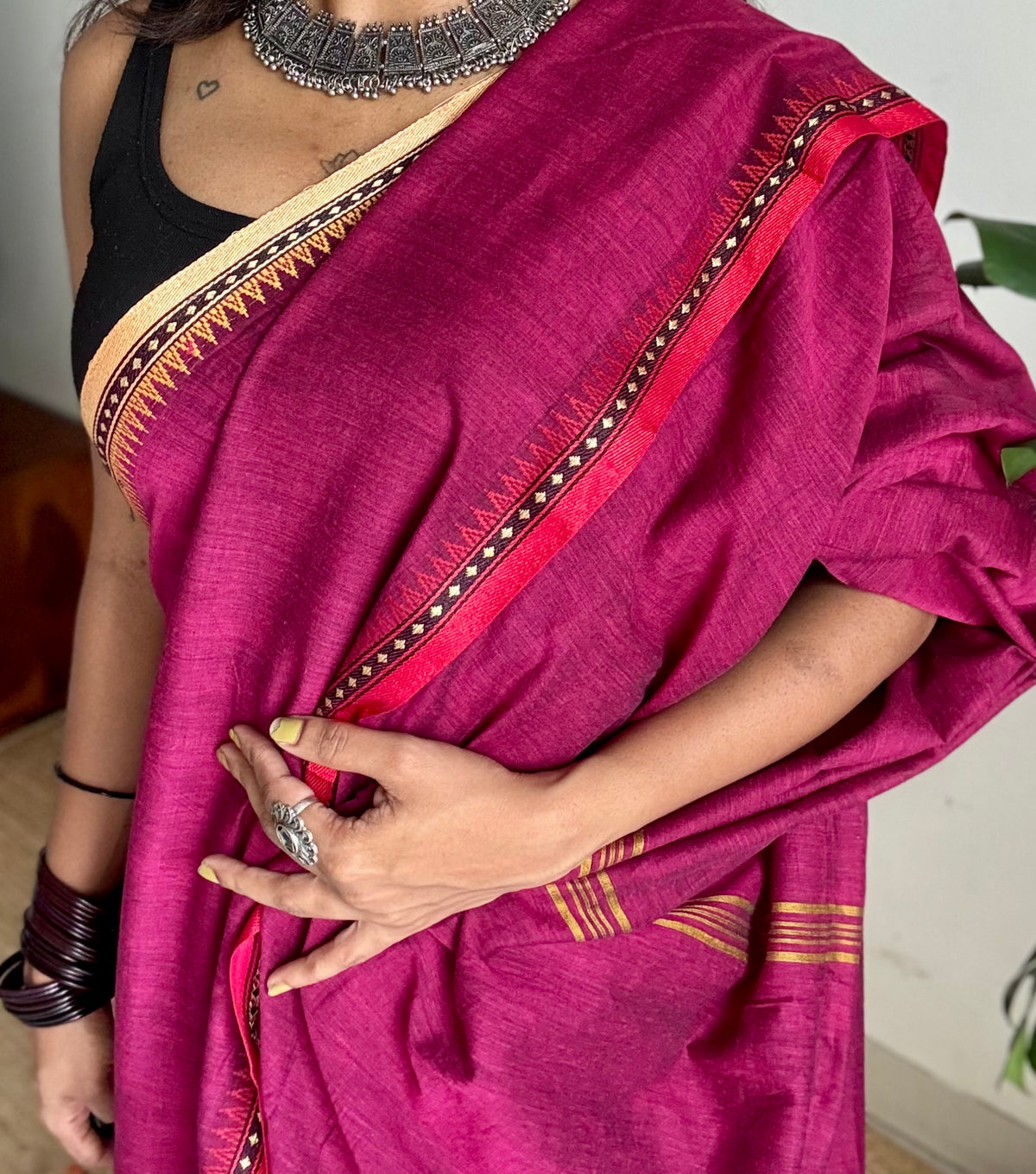 Handloom Bengal soft cotton saree, ruby with cream and red woven dual tone borders - YCBCMCSE43