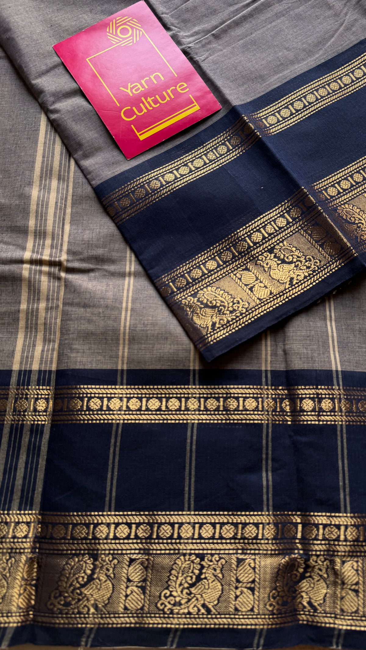 Grey with dark blue gap zari border, kanchi cotton saree - YCCOTNCCOC116