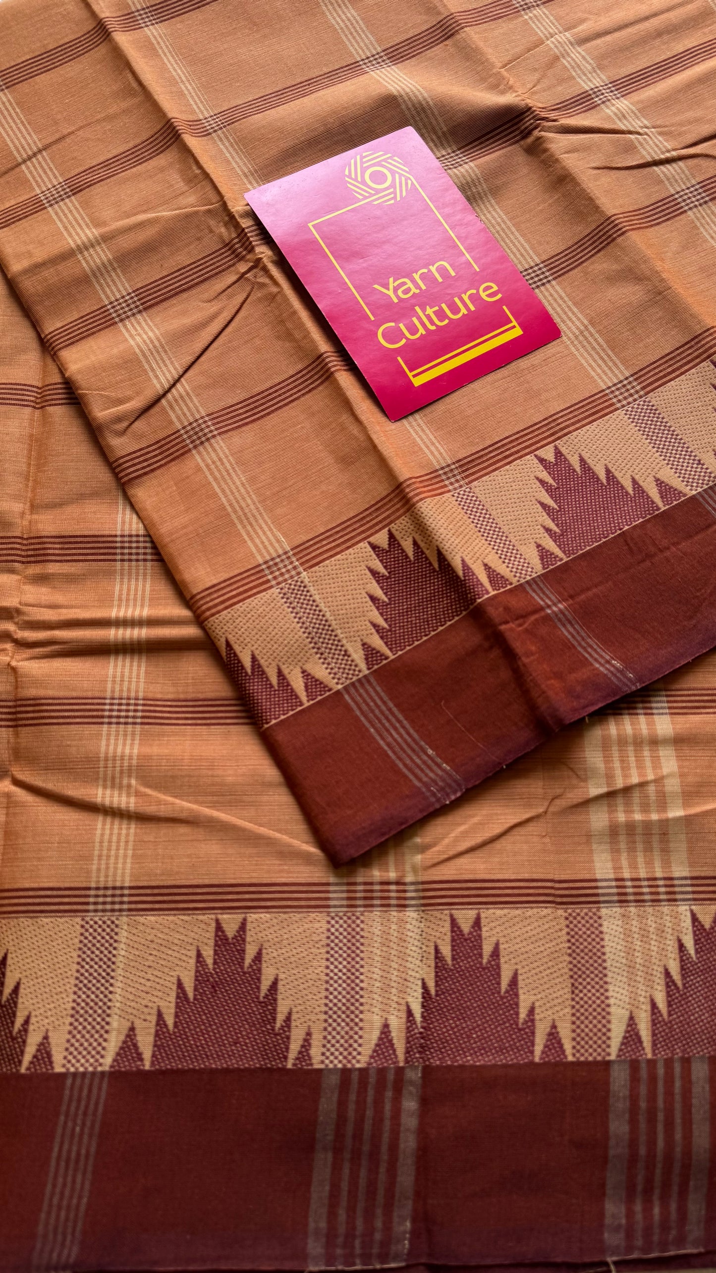 Chettinad cotton saree with light brown and dark brown checks, temple motif border - YCCOTNAP71