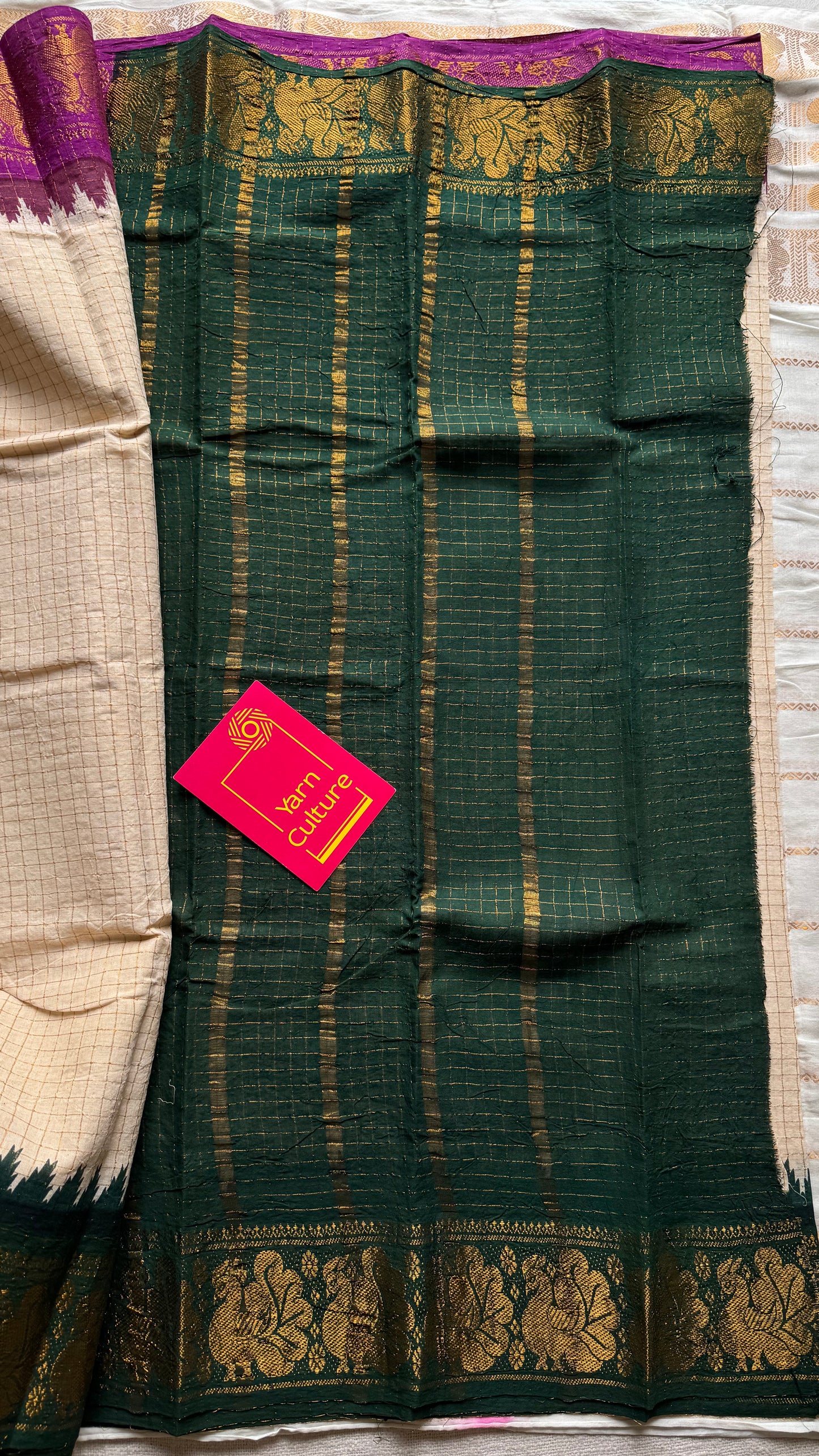 Sungudi cotton checks, ivory gold base, magenta and dark green dual tone border, soft cotton - YCCOTNMSJUL07