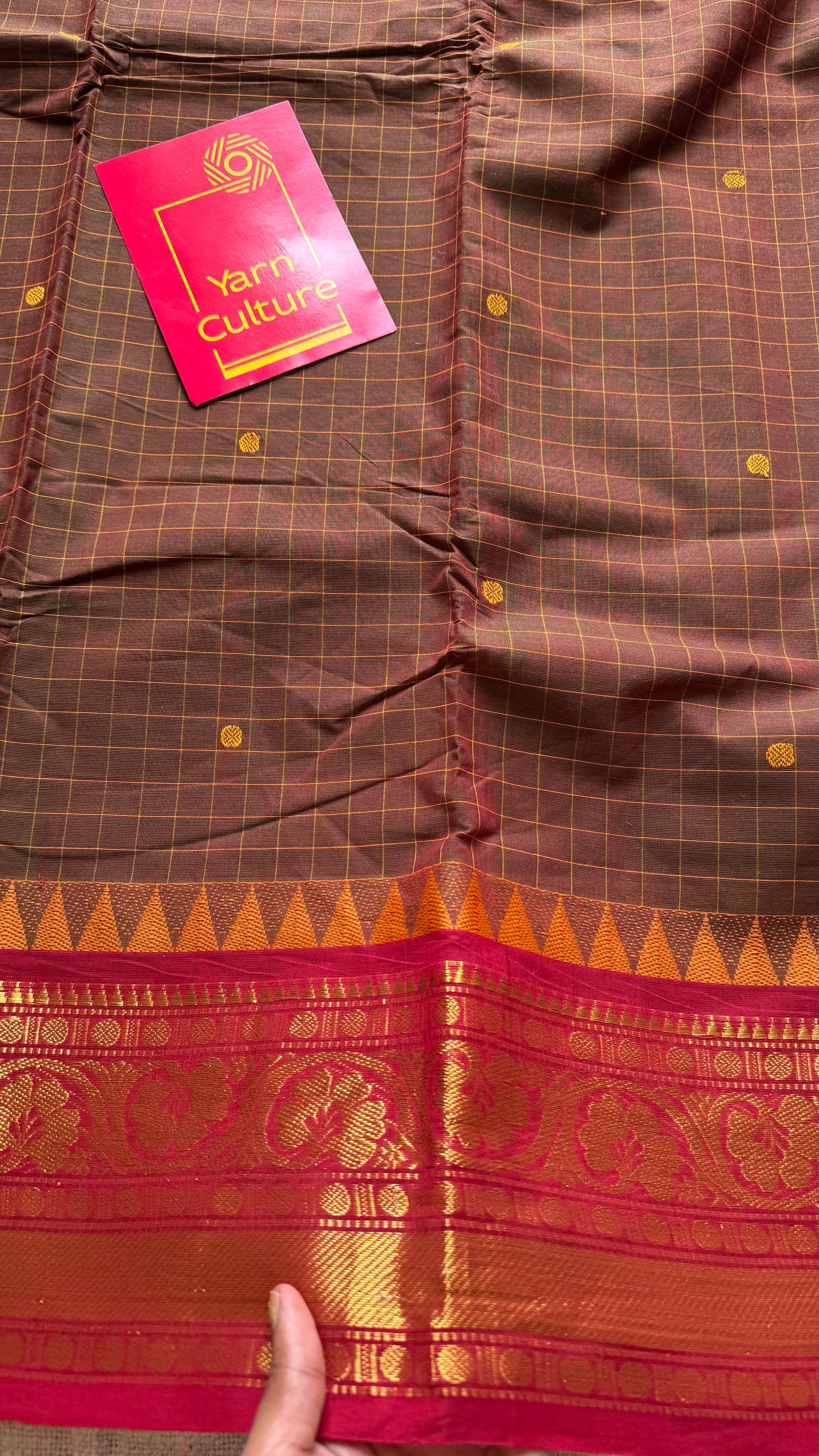 Brownish green with red contrast, checkered kanchi cotton saree - YCCOTNJU22