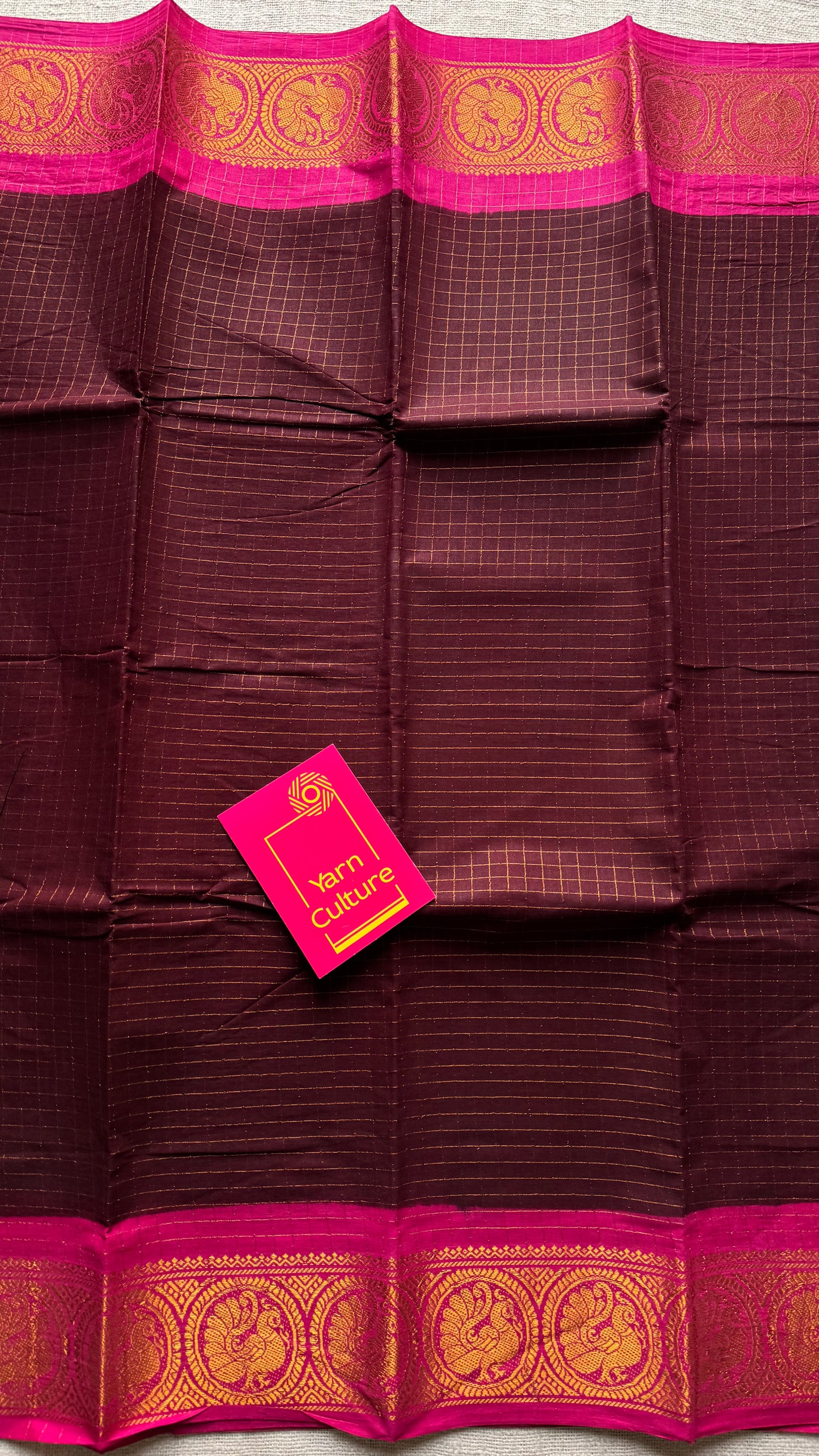 Dark maroon with hot pink checkered sungudi, madurai cotton - YCCOTNSUDE41