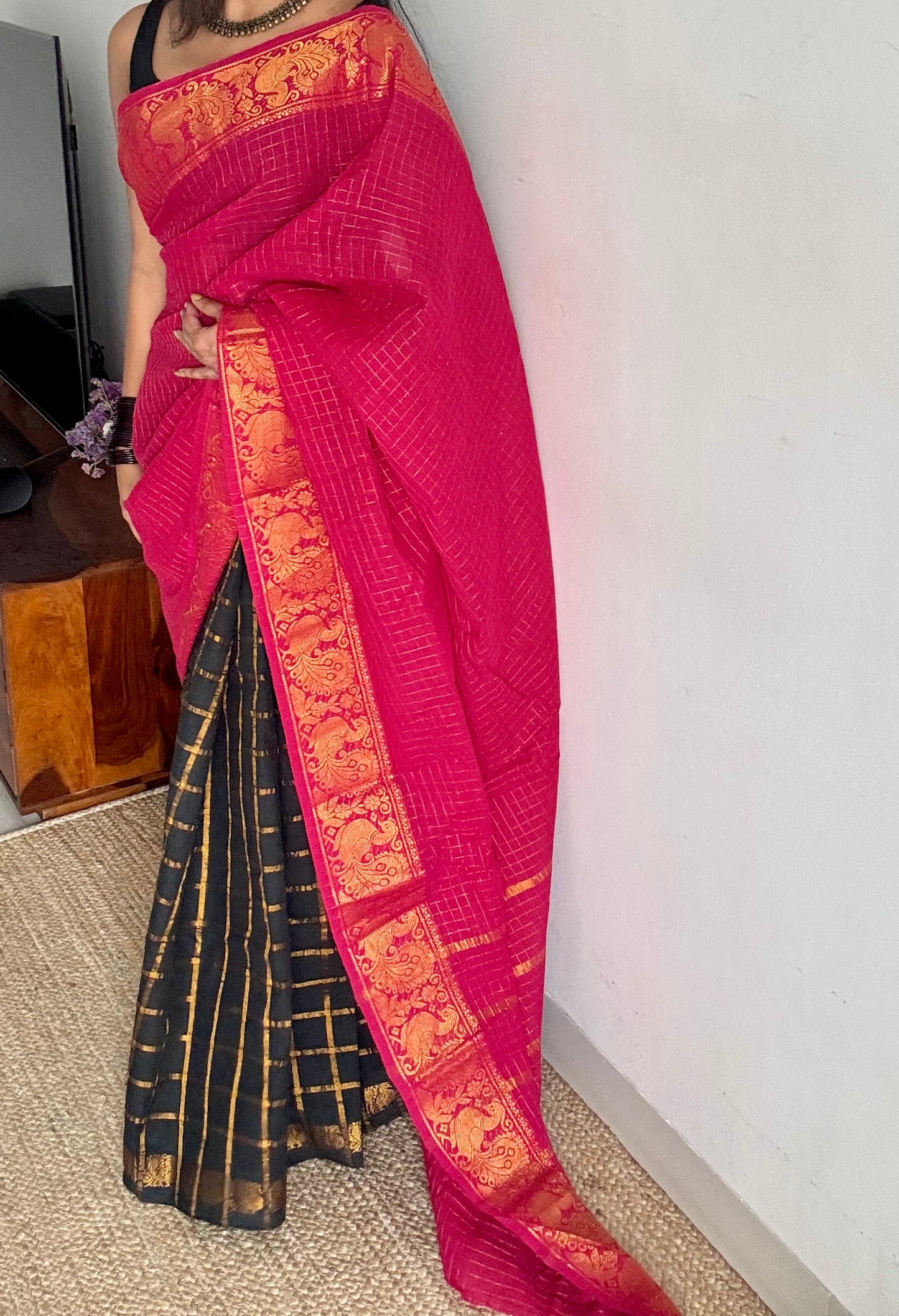 Hot pink with black, sungudi cotton half-half saree - YCCOTNMSFE364