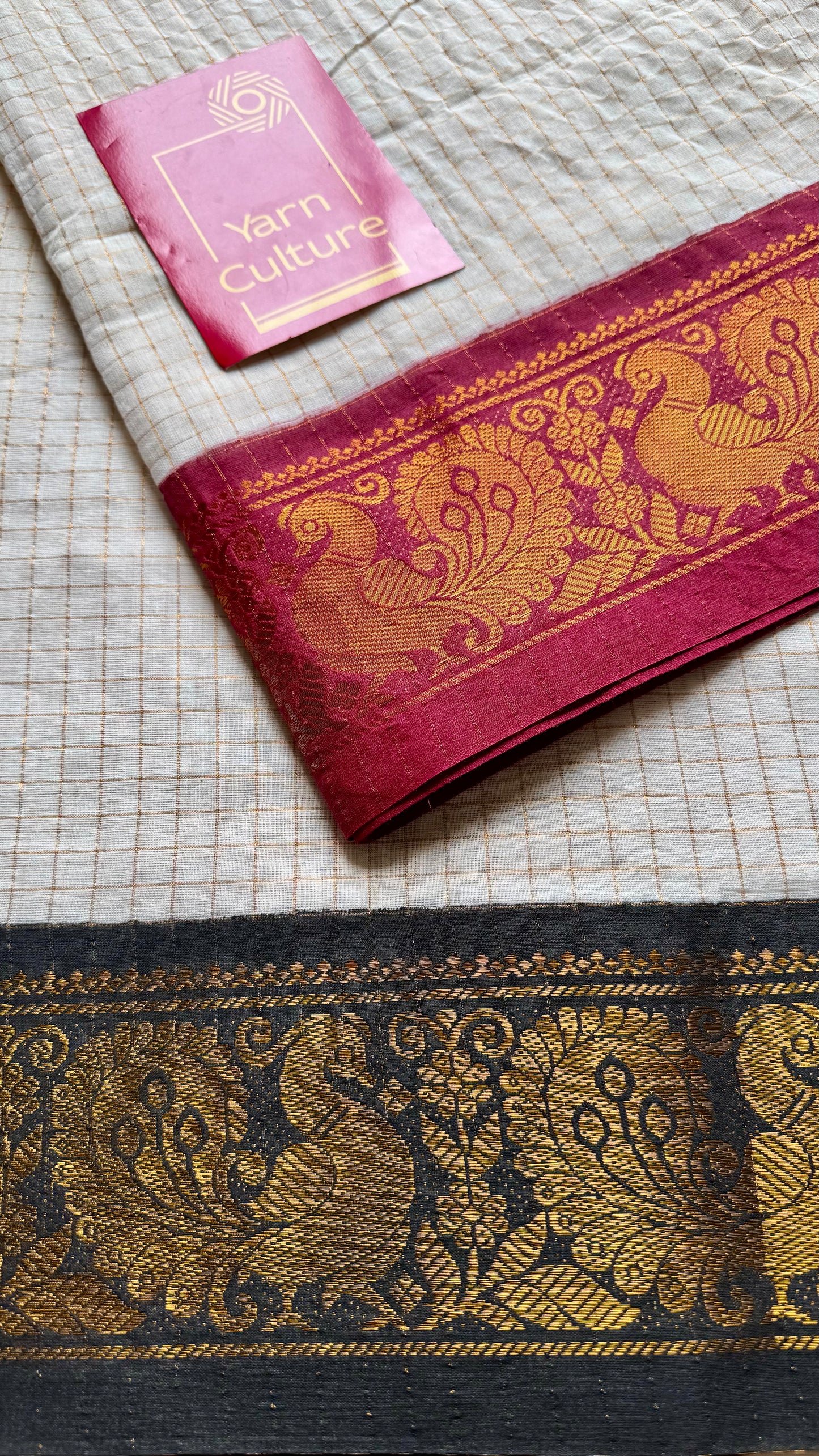 Ayesha : Chembarathi - Sungudi checks, ivory gold base, black and maroon dual tone border, soft cotton - YCIEON162