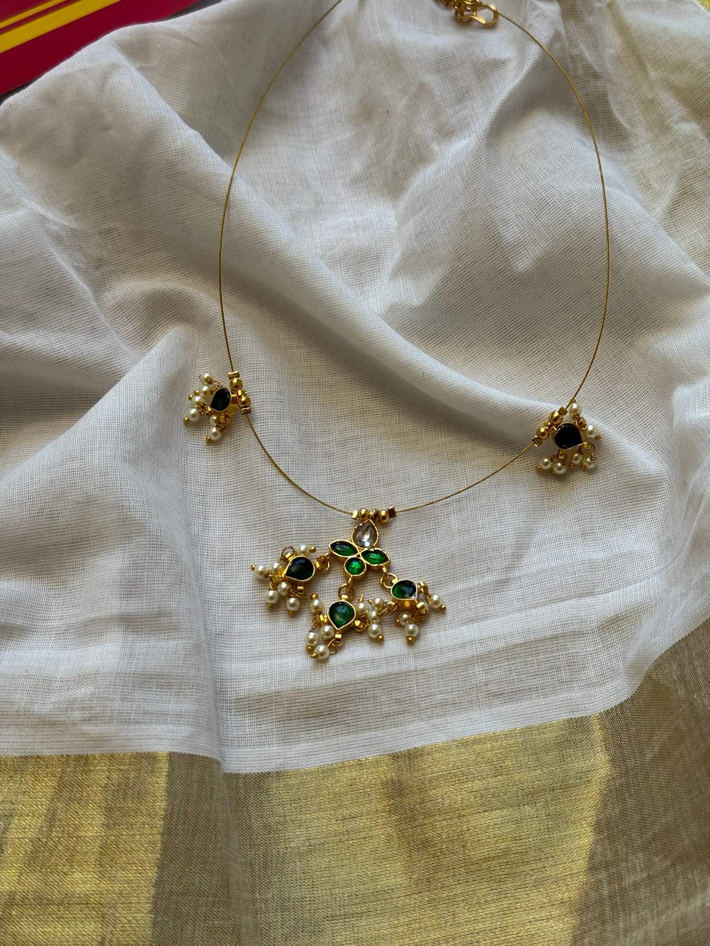Invisible neckchain with jadau kundan stones & pearl hangings - green, white - YCGPNP694