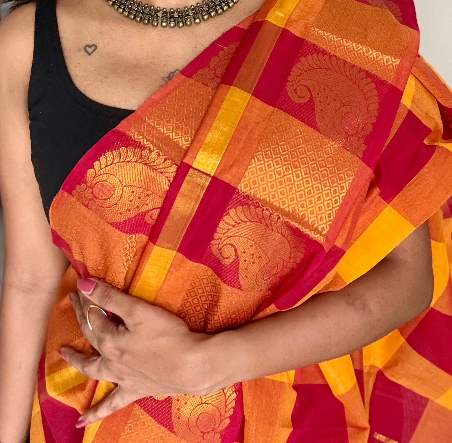 Chettinad cotton saree with yellow and red checks, paisley motif border - YCCOTNAP64