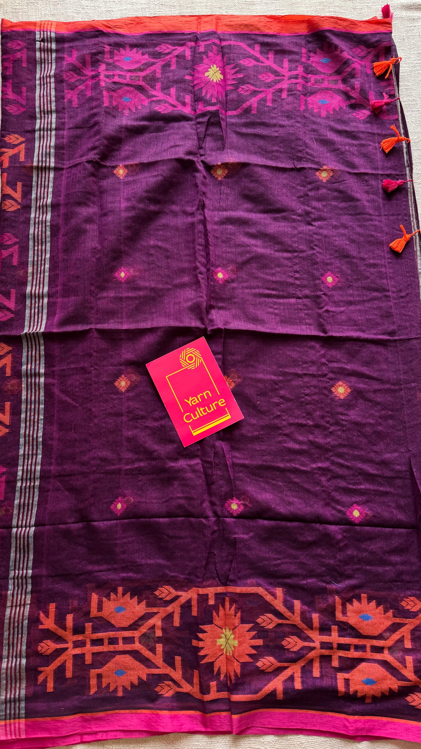 Purple with pink and orange jamdani saree in mul cotton - YCBCJDFE384