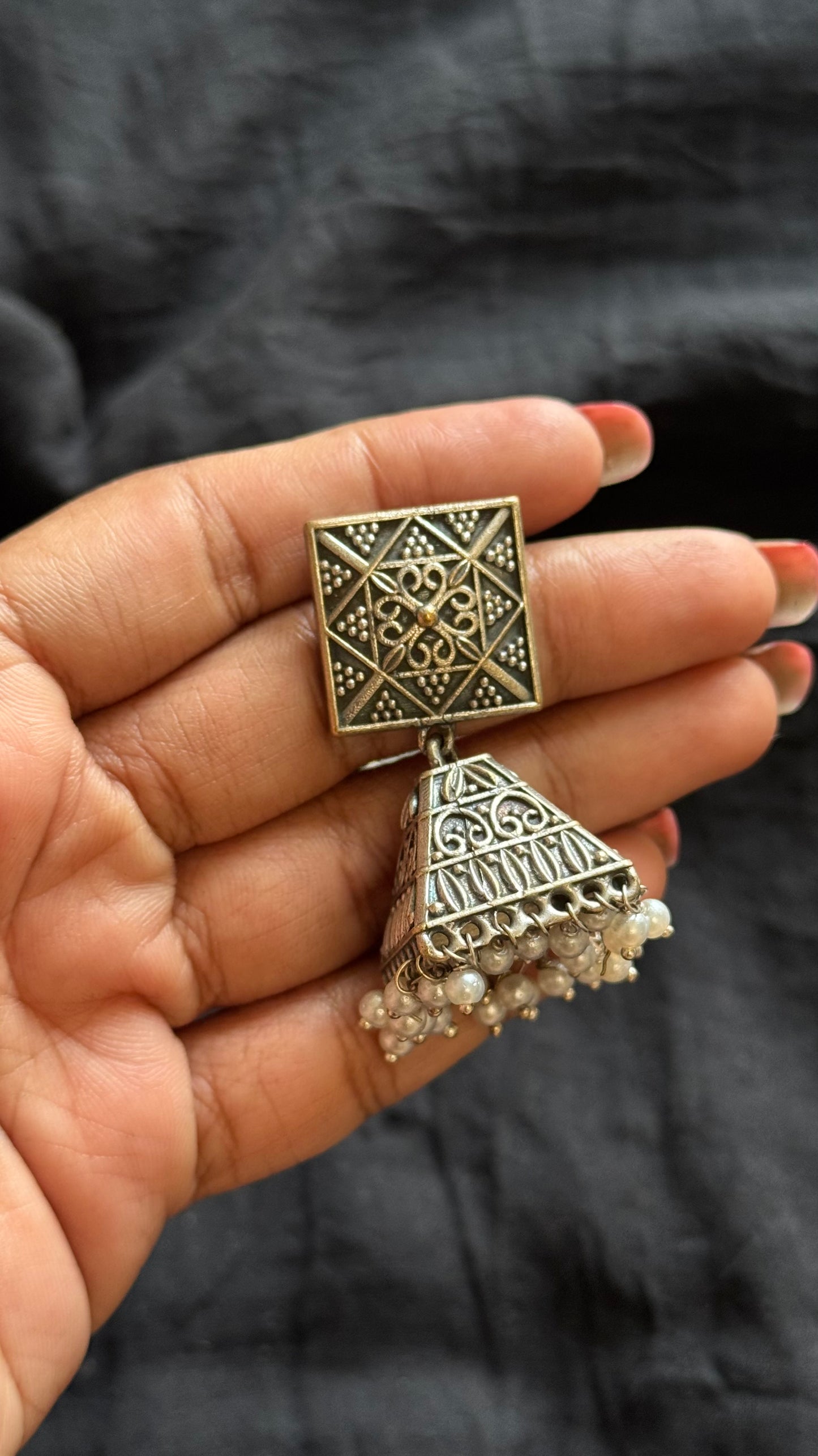 Square top jhumka, black polished oxidised silver with pearl hangings - YCOSEJ589