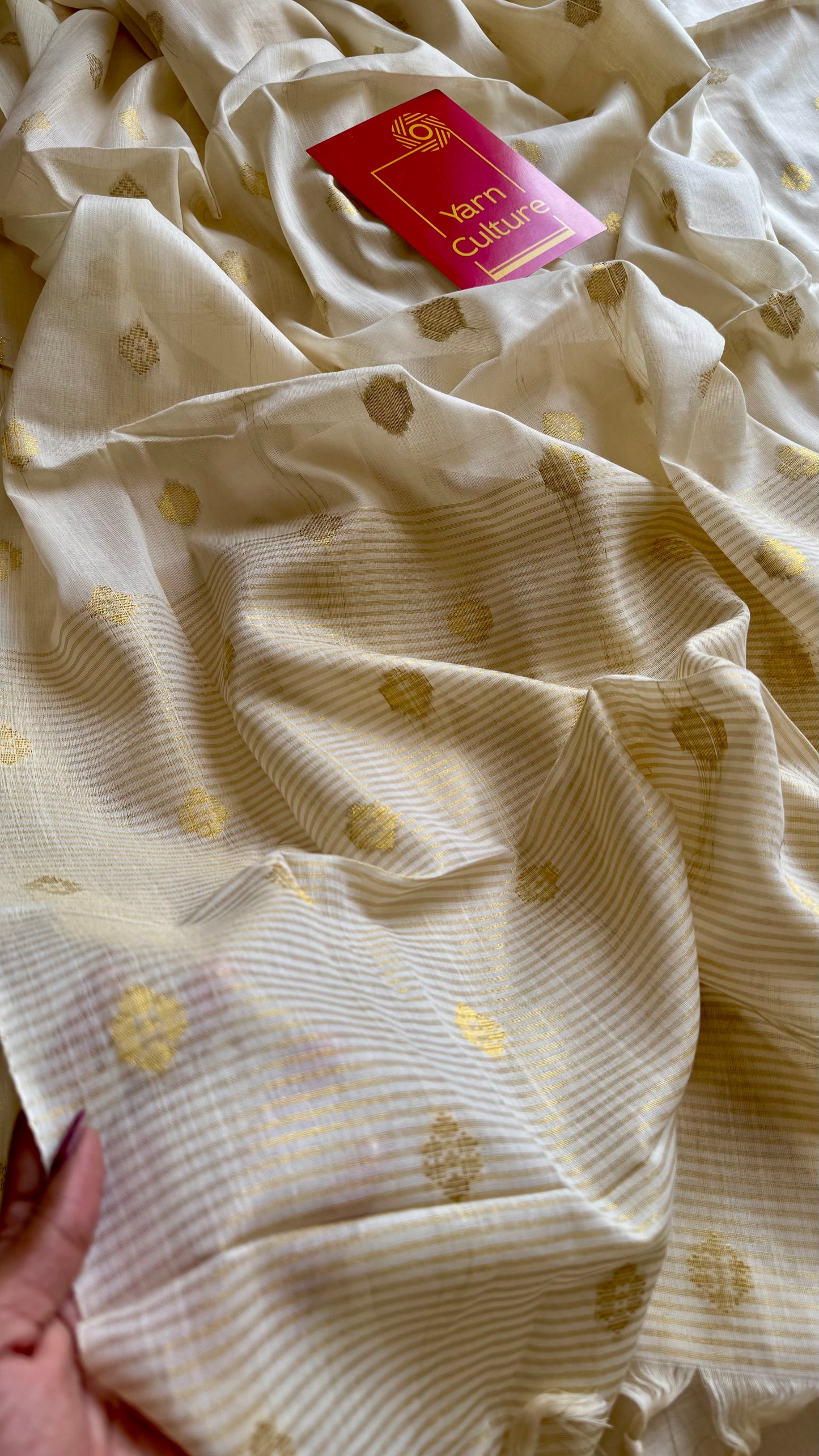 Ivory and gold kerala saree with woven buttas, striped pallu - YCIEON43